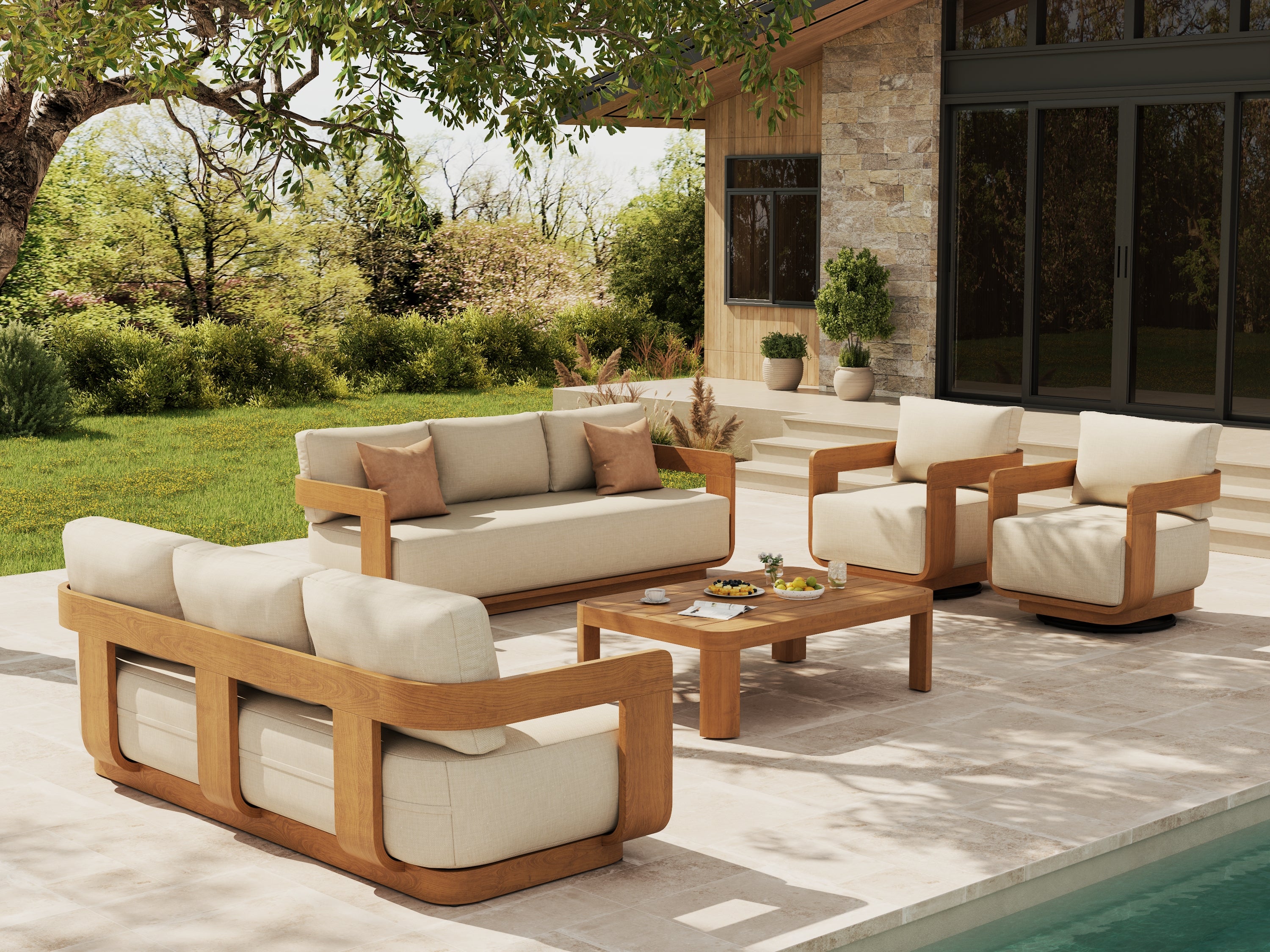 Sintra 5-Piece FSC Solid Teak Outdoor Conversation Set with Swivel Chairs, White Cushions