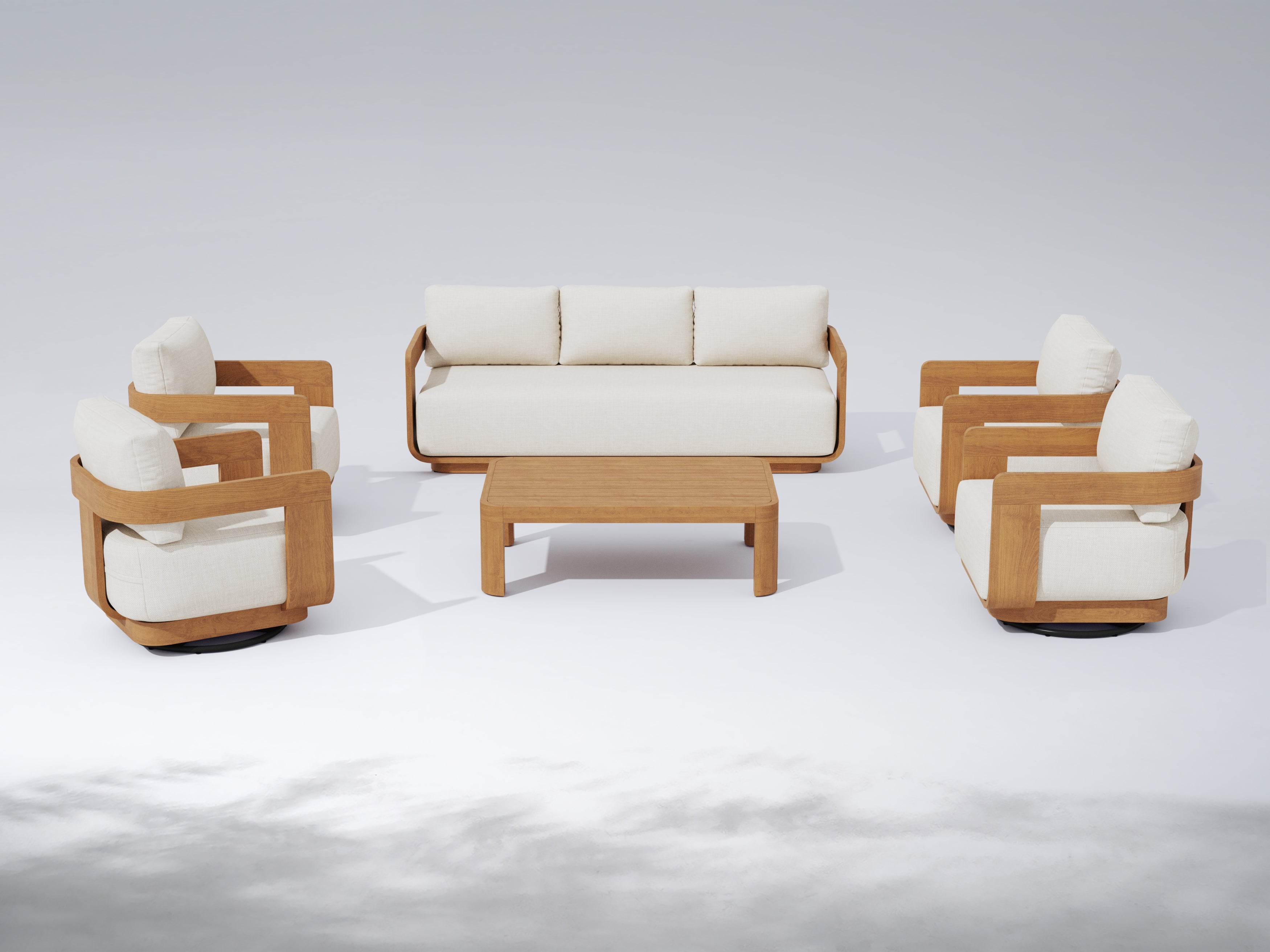 Sintra 6-Piece FSC Solid Teak Outdoor Conversation Set with Swivel Chairs, White Cushions