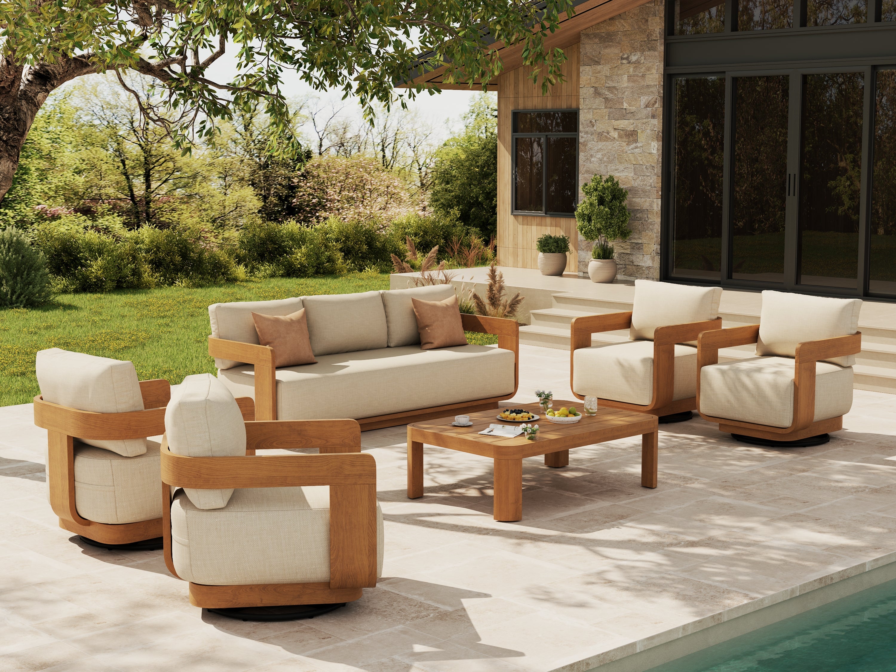 Sintra 6-Piece FSC Solid Teak Outdoor Conversation Set with Swivel Chairs, White Cushions