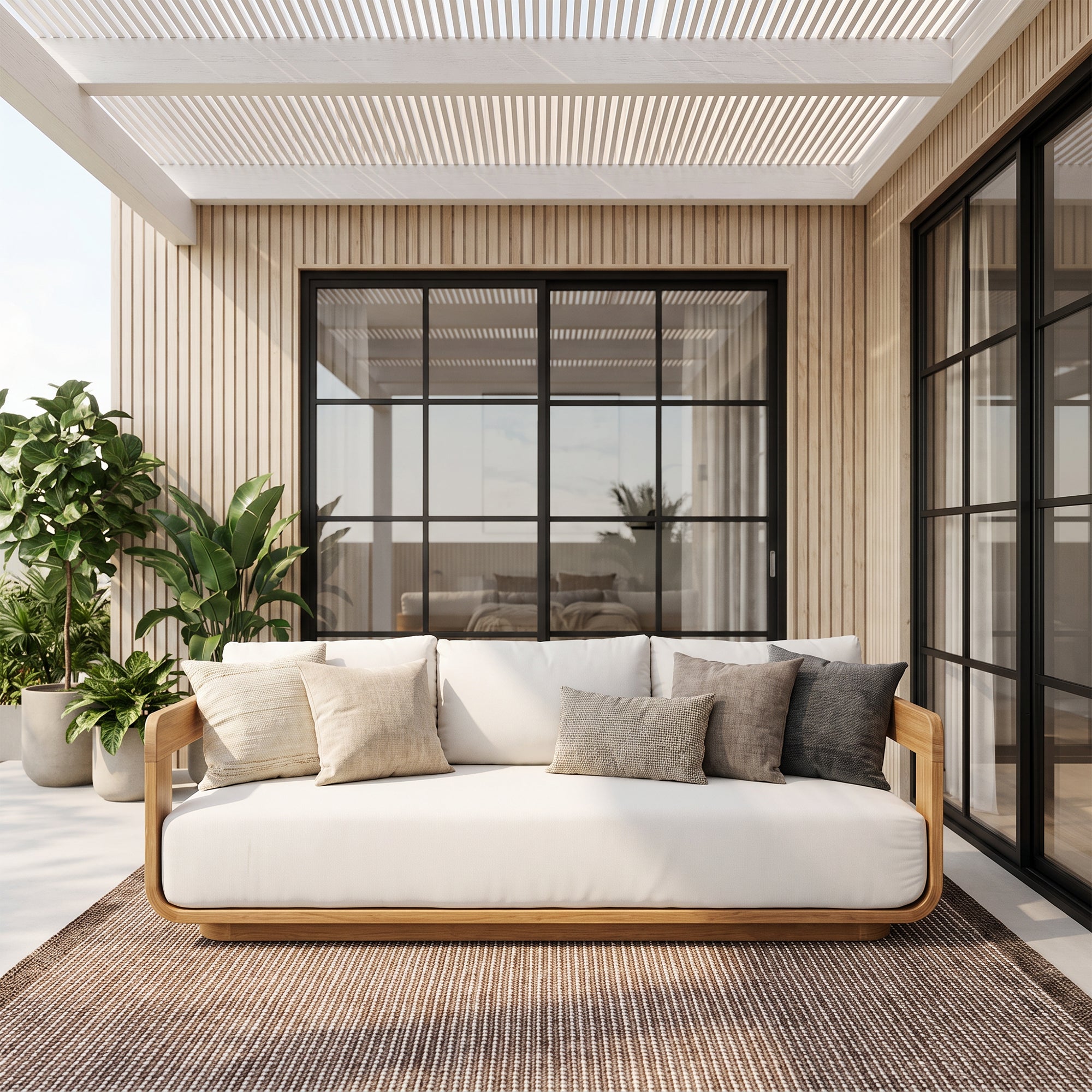 Sintra FSC-Certified Solid Teak Outdoor 3-Seater Sofa, Sculptural Frame with Olefin Cushions