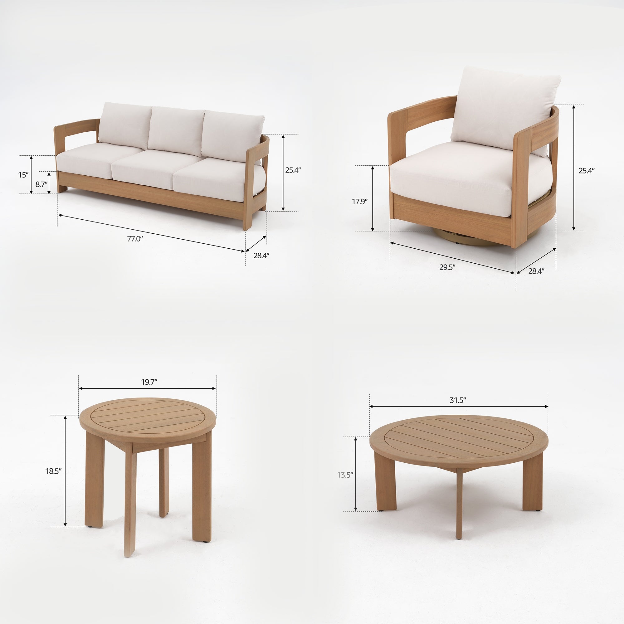 Sova Wood Outdoor Furniture Conversation Set with Swivel Chairs & Two Tables,Eucalyptus wood