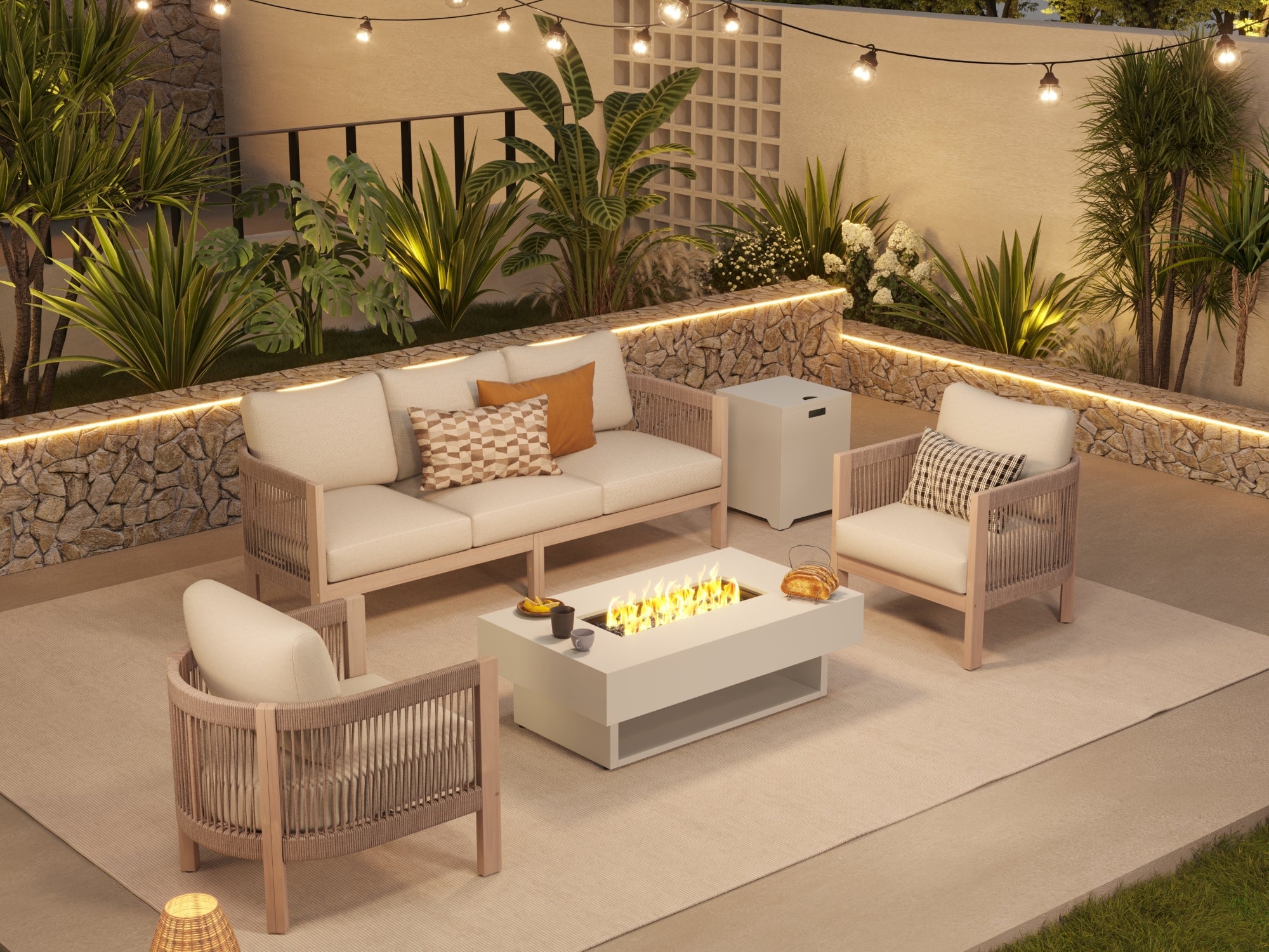 Foristern Wooden Outdoor Furniture Set with Fire Pit, 5-Seats