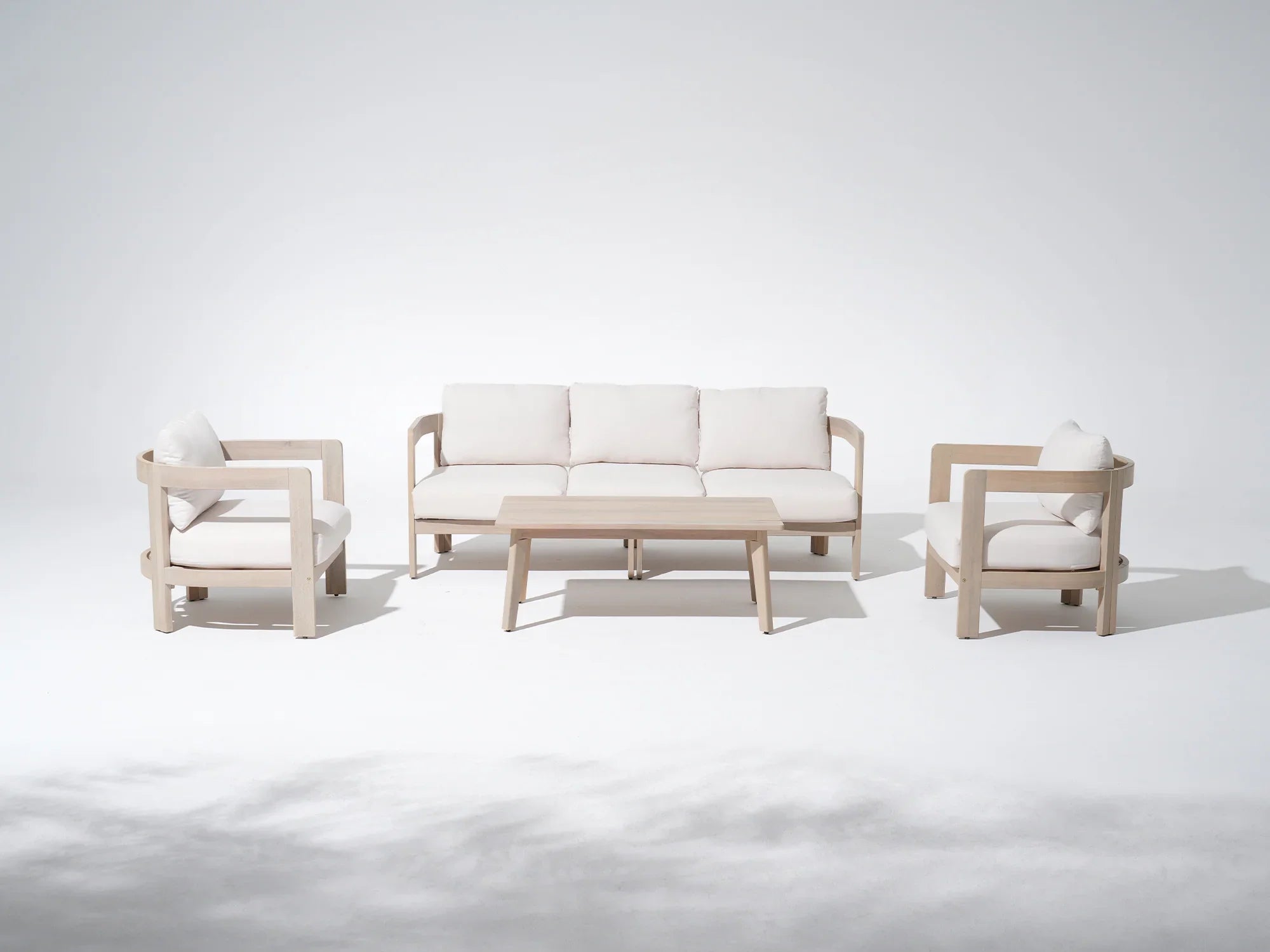 5-seat Modern acacia wood outdoor furniture conversation set with white cushions - Jardina Modern Premium Outdoor Patio Furniture Sets