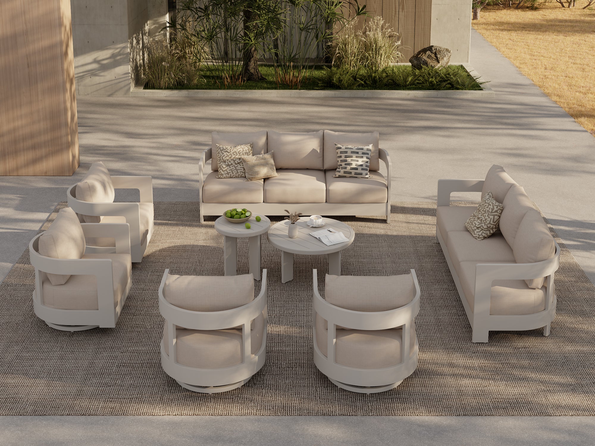 Sova Modern Aluminum Patio Conversation Set with Swivel Chairs, Mixed Tables, Light Beige Cushions