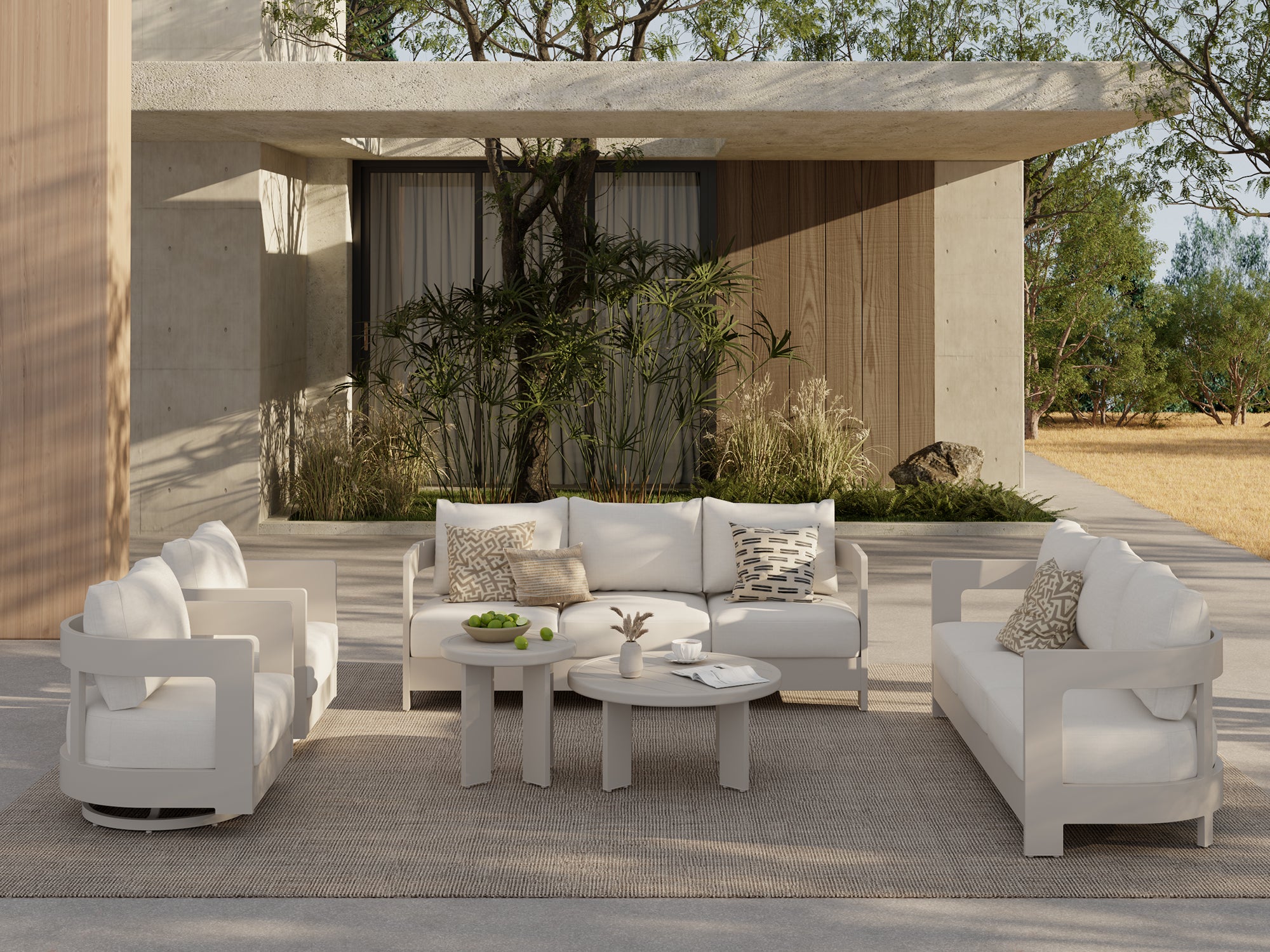 Sova Modern Aluminum Patio Conversation Set with Swivel Chairs, Mixed Tables, Light Beige Cushions