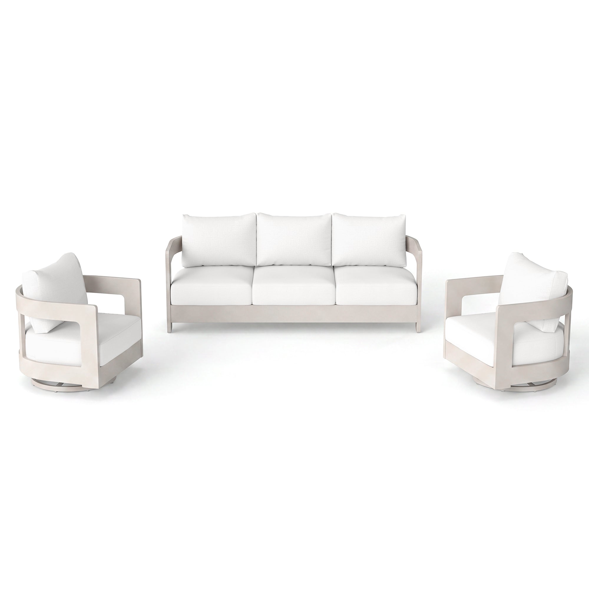 Sova Modern Aluminum Outdoor Sofa Set with Swivel Chairs, Mixed Tables, Light Beige Cushions