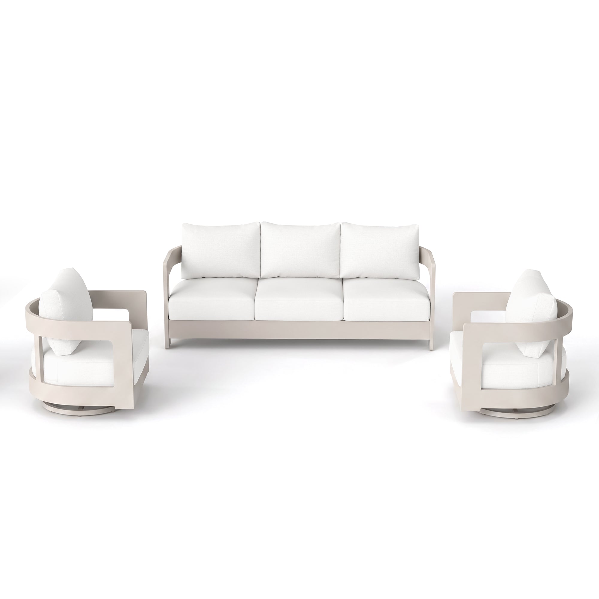 Sova Modern Aluminum Outdoor Sofa Set with Swivel Chairs, Mixed Tables, Light Beige Cushions