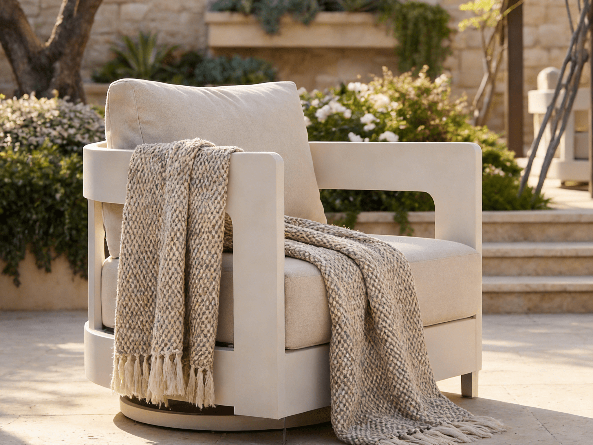 Sova Modern Aluminum Outdoor Sofa Set with Fire Pit, Swivel Chairs, Mixed Tables, Light Beige Cushions