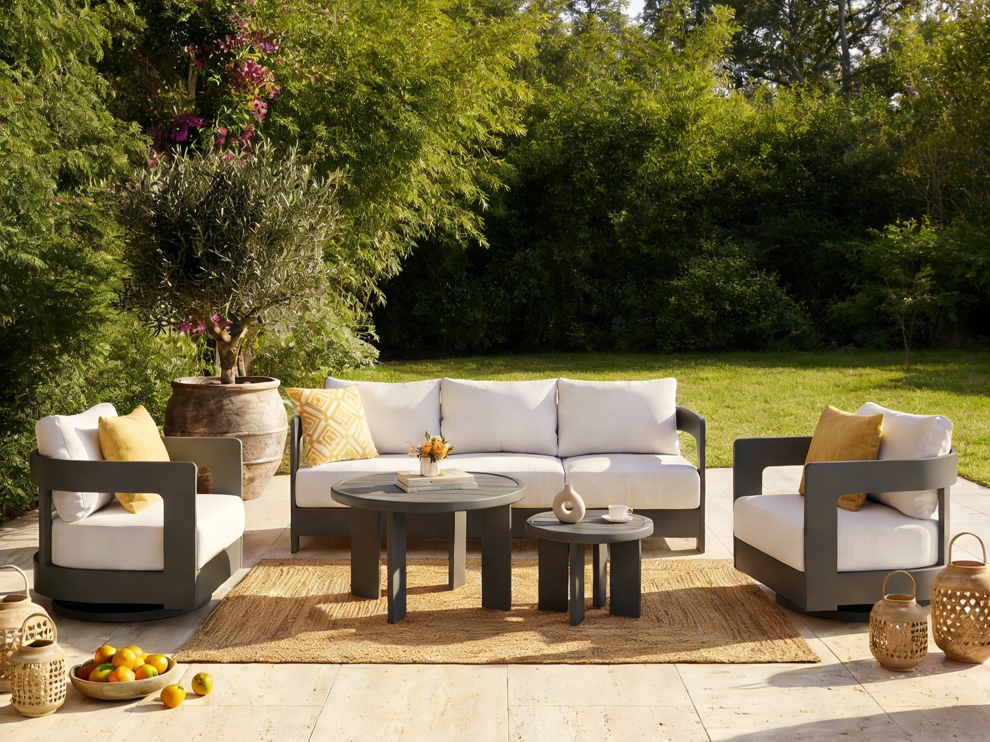 Sova Modern Aluminum Outdoor Sofa Set with Swivel Chairs, Black Frame & White Sunbrella® Cushions
