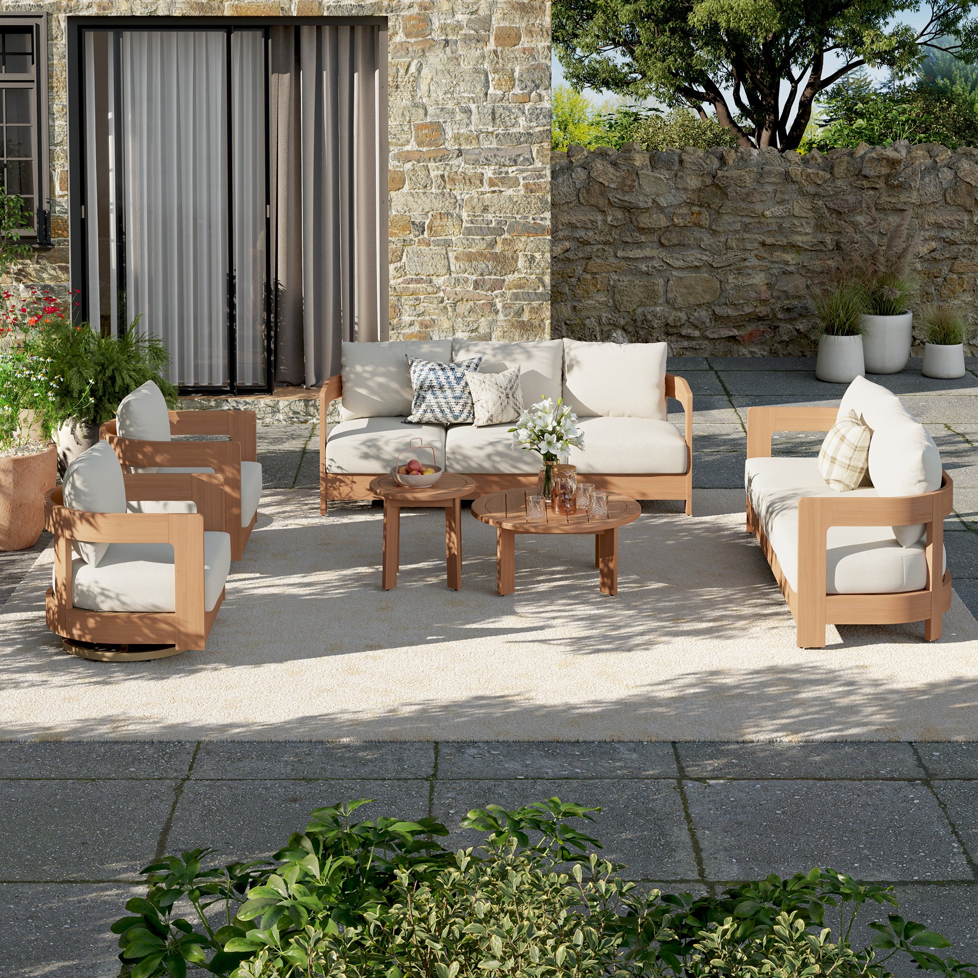 Sova Wood Outdoor Furniture Conversation Set with Swivel Chairs & Two Tables, Eucalyptus wood