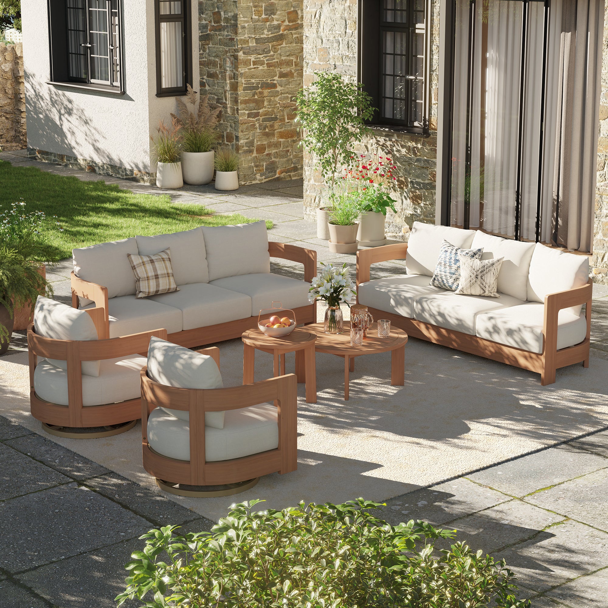 Sova Wood Outdoor Furniture Conversation Set with Swivel Chairs & Two Tables, Eucalyptus wood