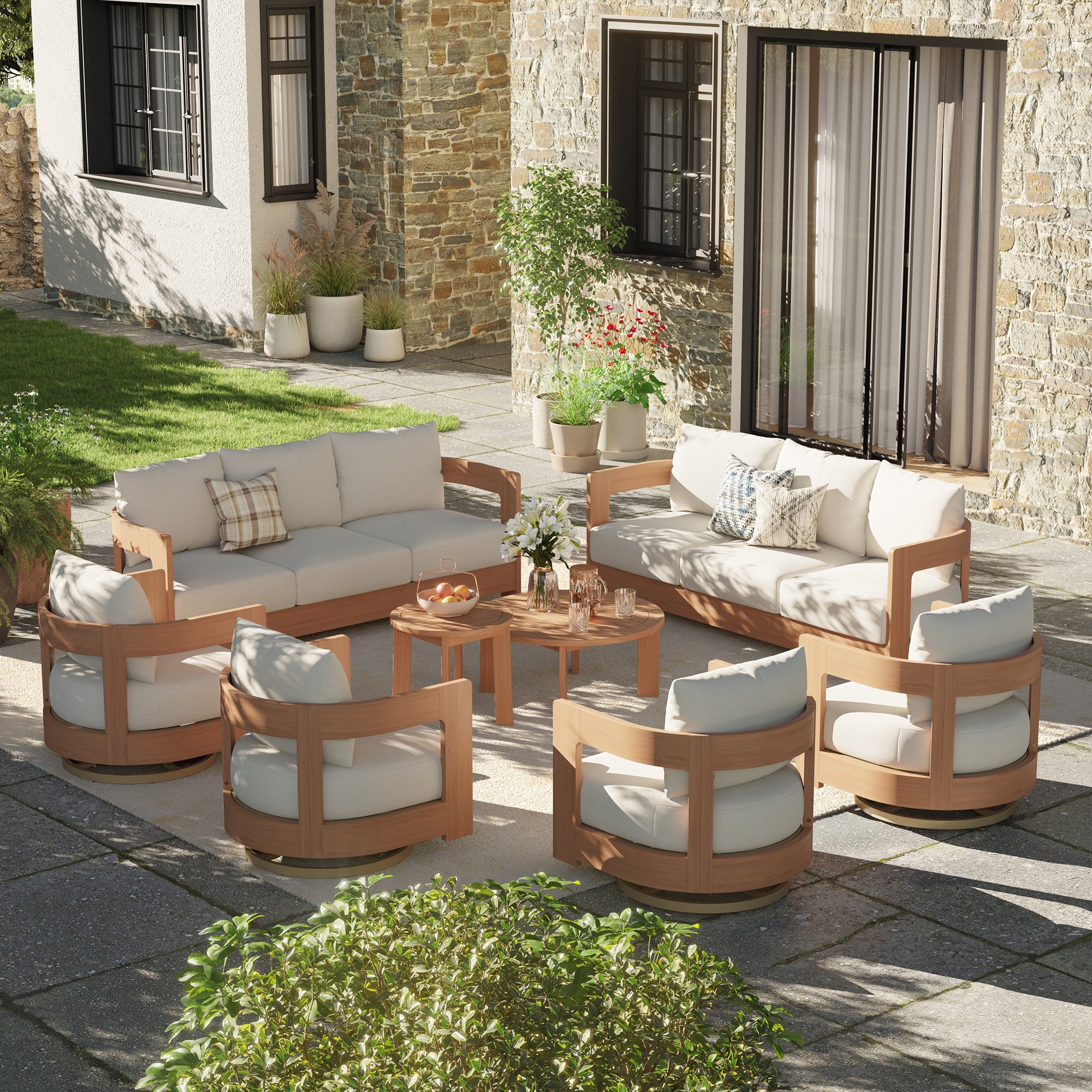 Sova Wood Outdoor Furniture Conversation Set with Swivel Chairs & Two Tables, Eucalyptus wood