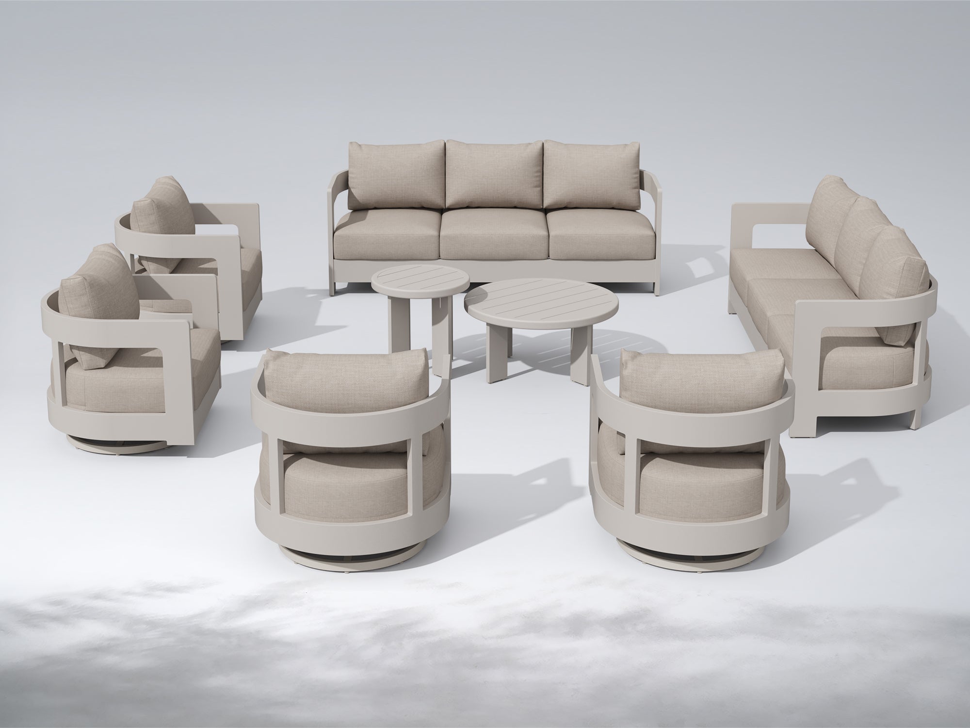 Sova Modern Aluminum Patio Conversation Set with Swivel Chairs, Mixed Tables, Light Beige Cushions
