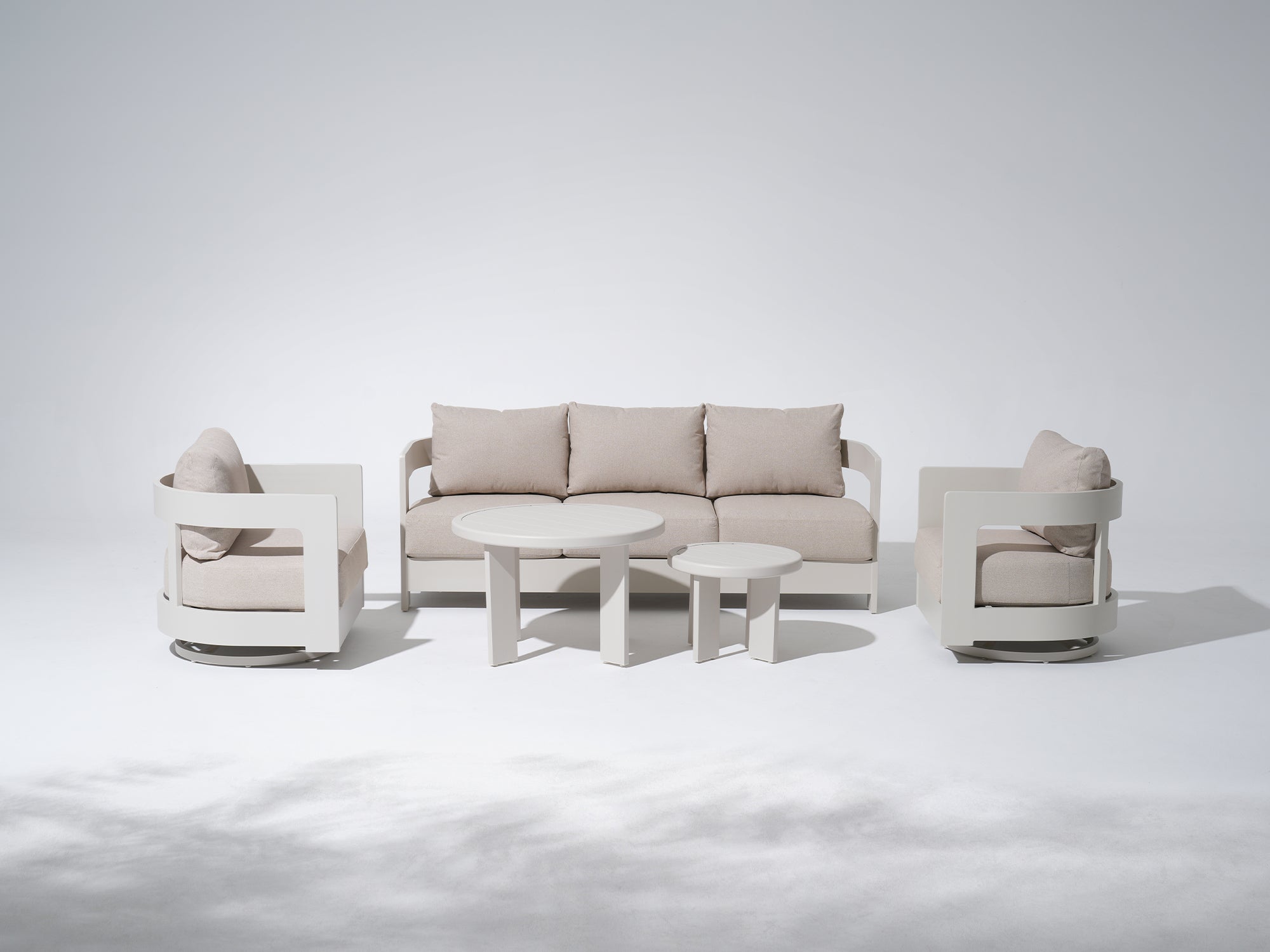 Sova Modern Aluminum Outdoor Sofa Set with Swivel Chairs, Mixed Tables, Light Beige Cushions