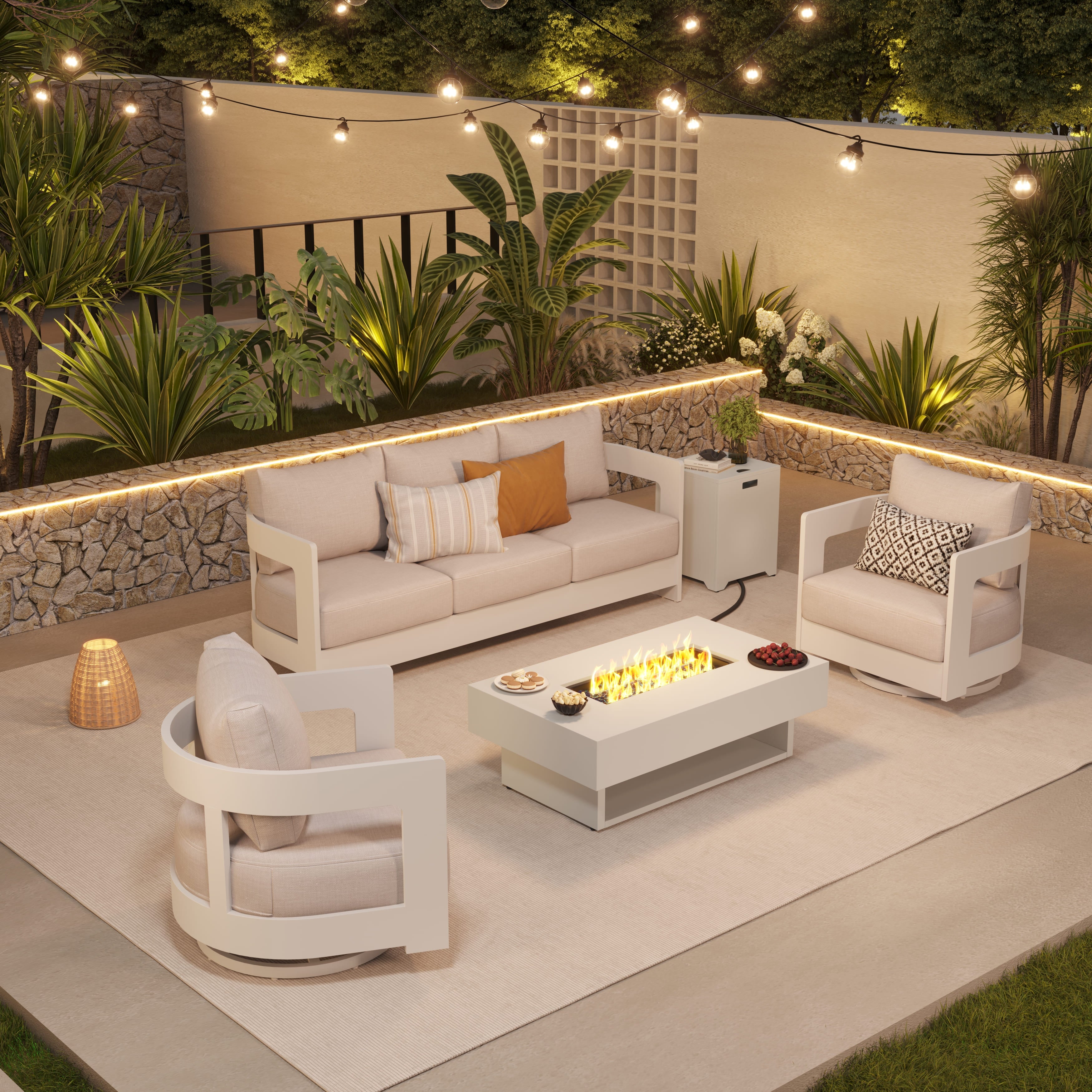 Sova Modern Aluminum Outdoor Sofa Set with Fire Pit, Swivel Chairs, Mixed Tables, Light Beige Cushions
