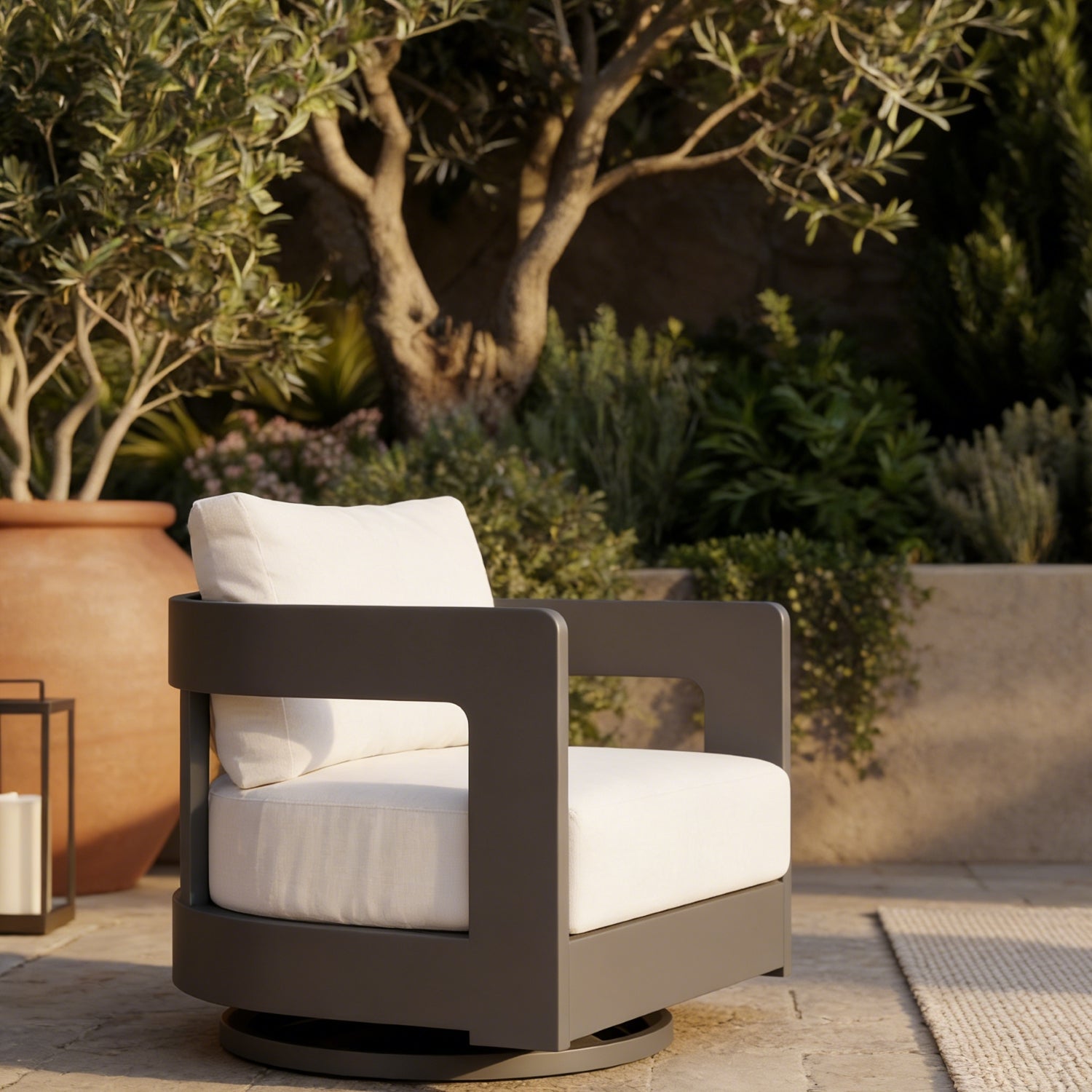 Sova Modern Aluminum Outdoor Sofa Set with Fire Pit, Swivel Chairs, Black Frame & White Sunbrella® Cushions