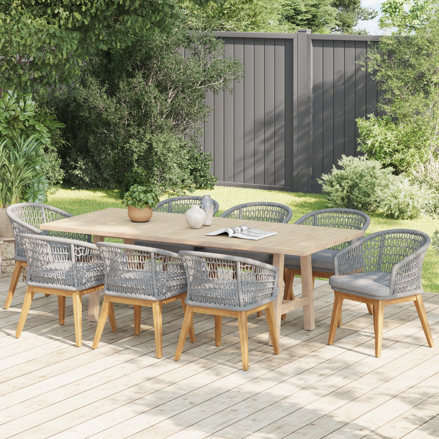 gray outdoor dining set for 8 with rope design- Jardina Modern Premium Patio Outdoor Furniture#Color_Grey
