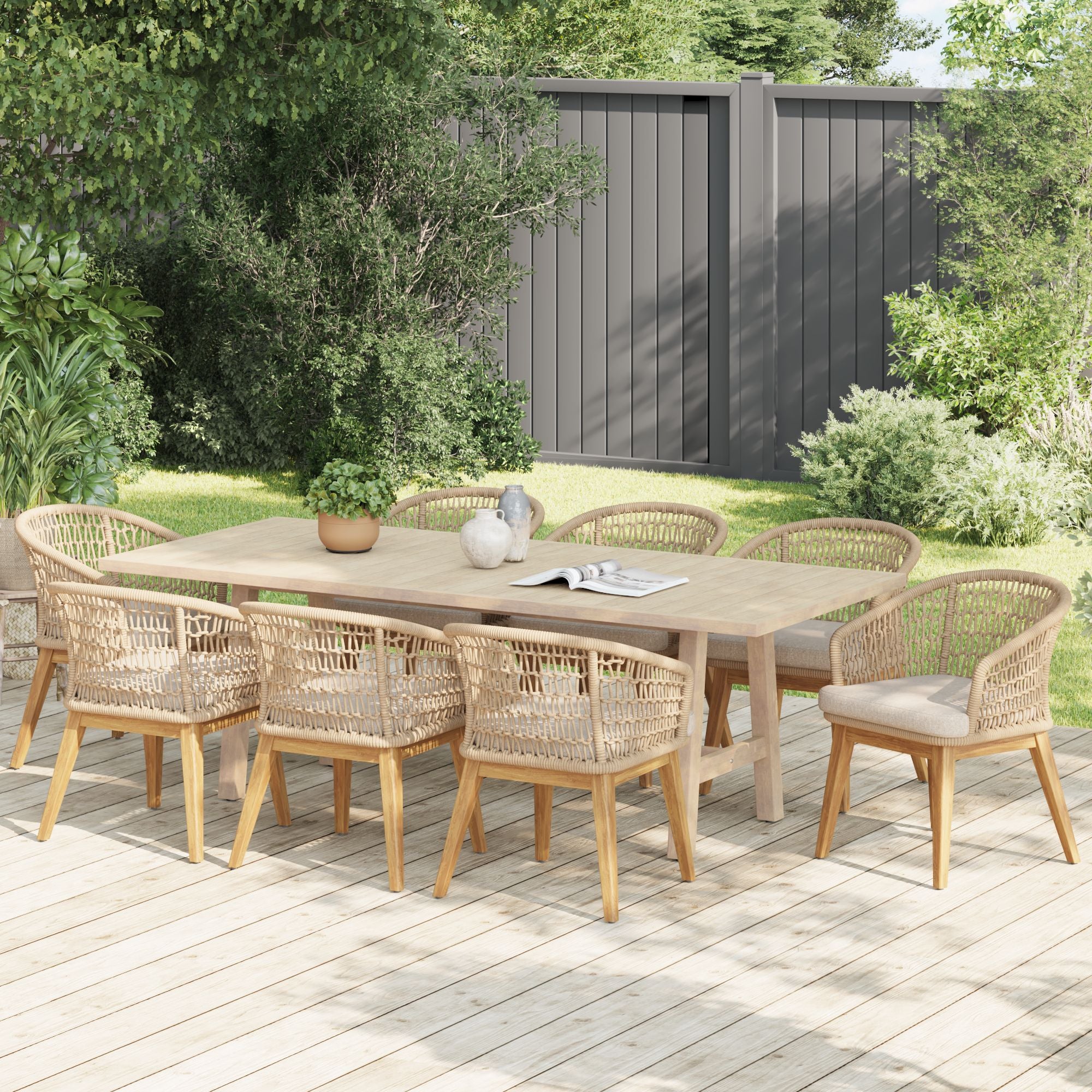 9pcs wood and rope outdoor dining set- Jardina Modern Premium Patio Outdoor Furniture#Color_Beige