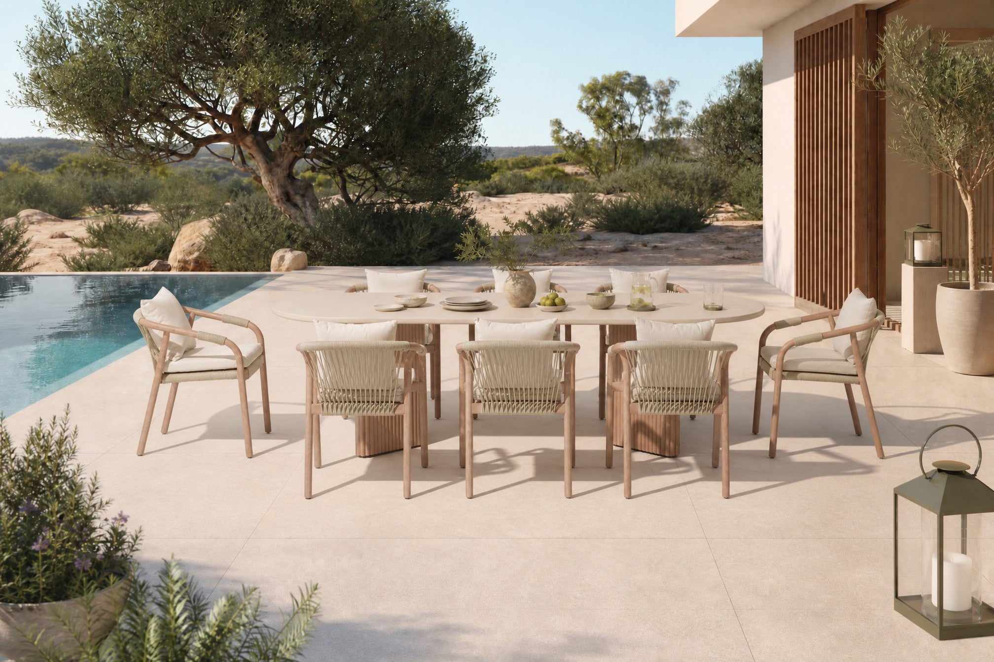 Tellus Wooden Outdoor Dining Chair with Light Beige Cushion, Rope Design, Eucalyptus