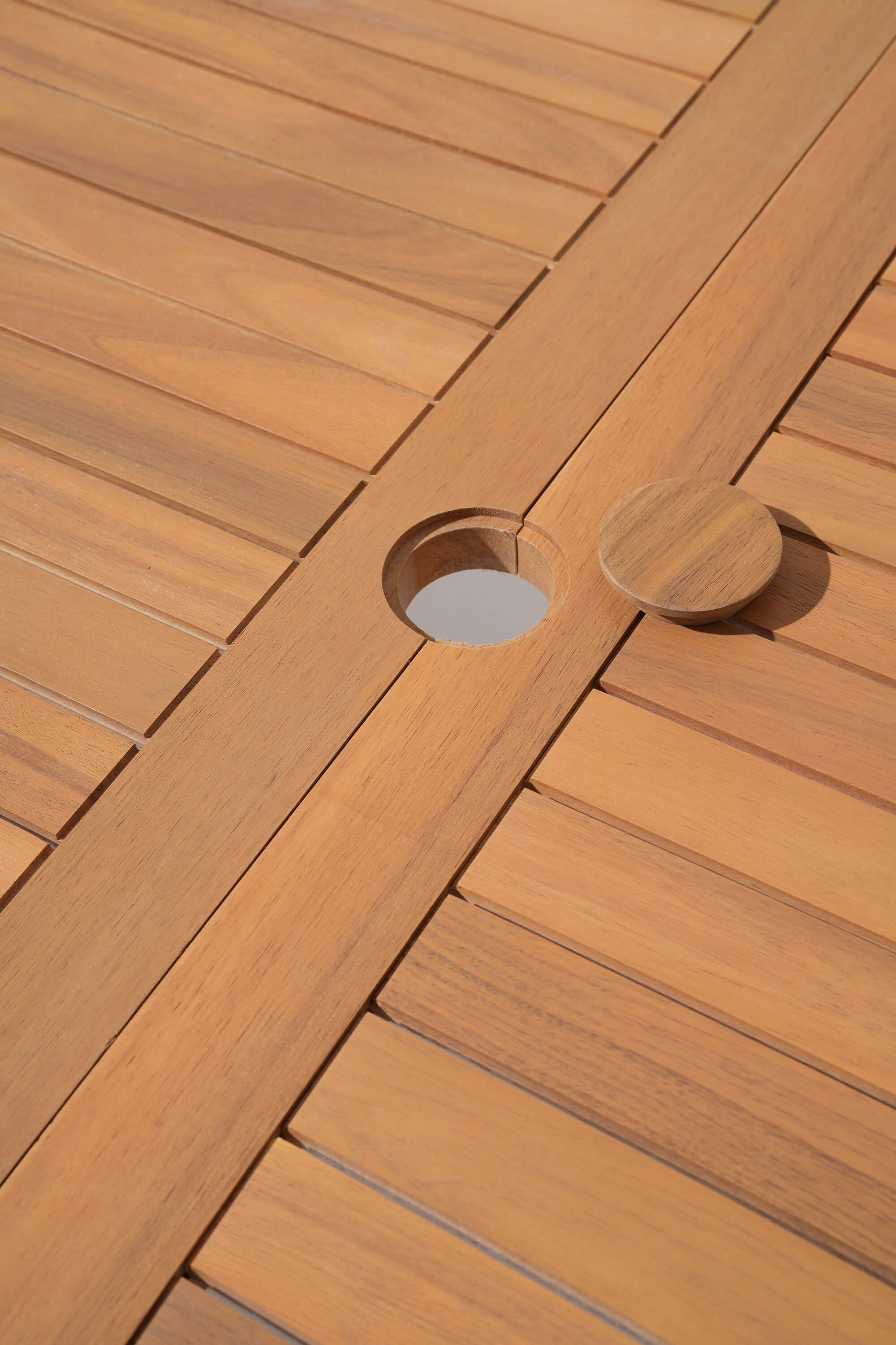 Amaya Wooden Dining Table with Umbrella Hole for 6-8 People, Teak Finish, 90.6"