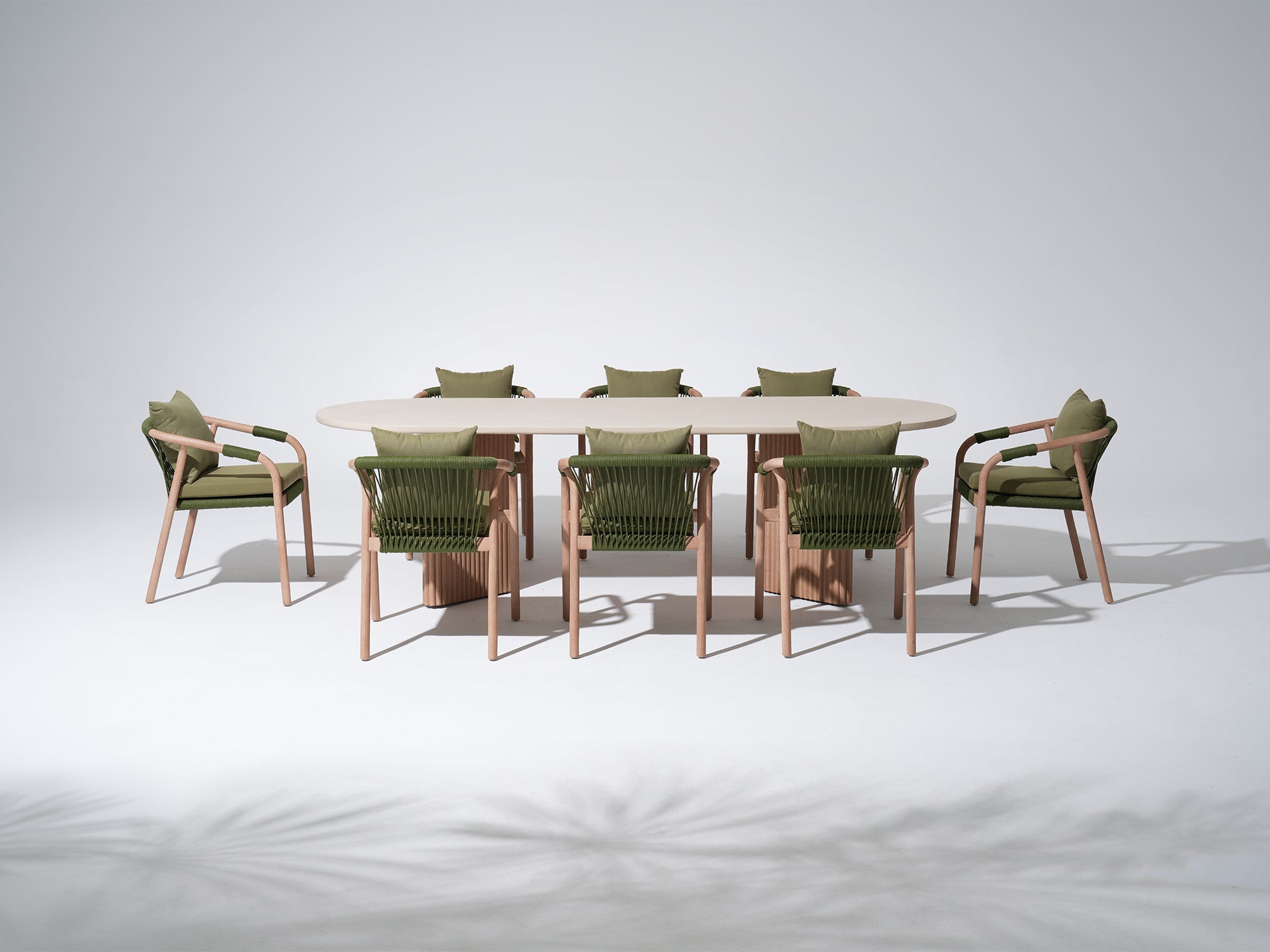 Tellus Outdoor Eucalyptus Wood Dining Set for 6-8 People, Rope Design, Green