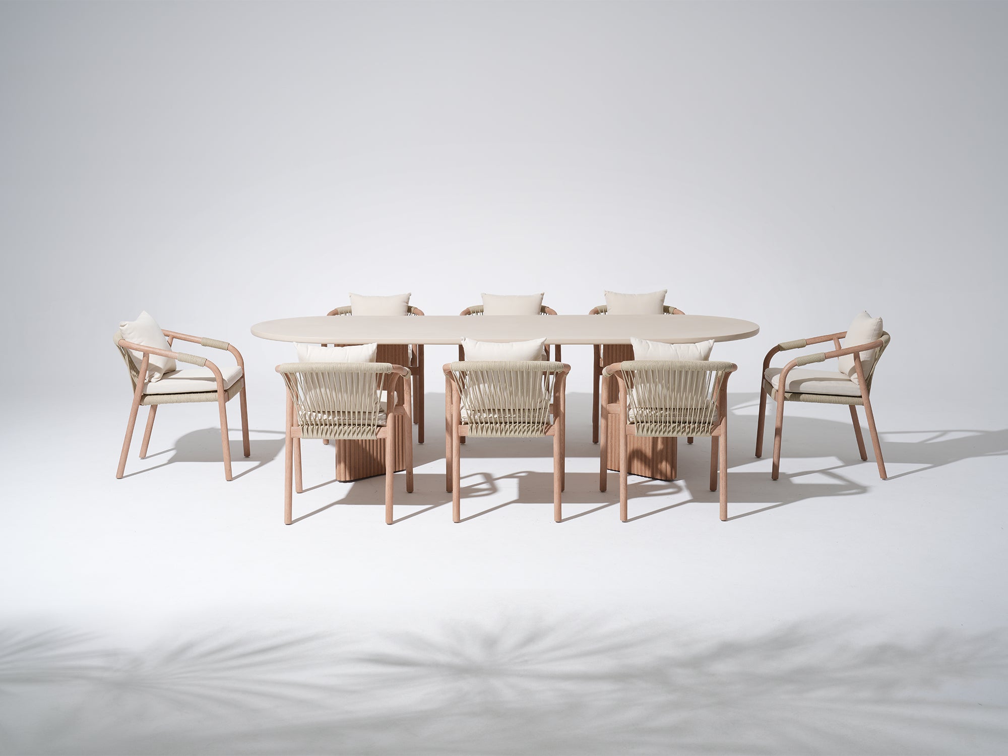 Tellus Outdoor Eucalyptus Wood Dining Set for 6-8 People, Rope Design, Light Beige