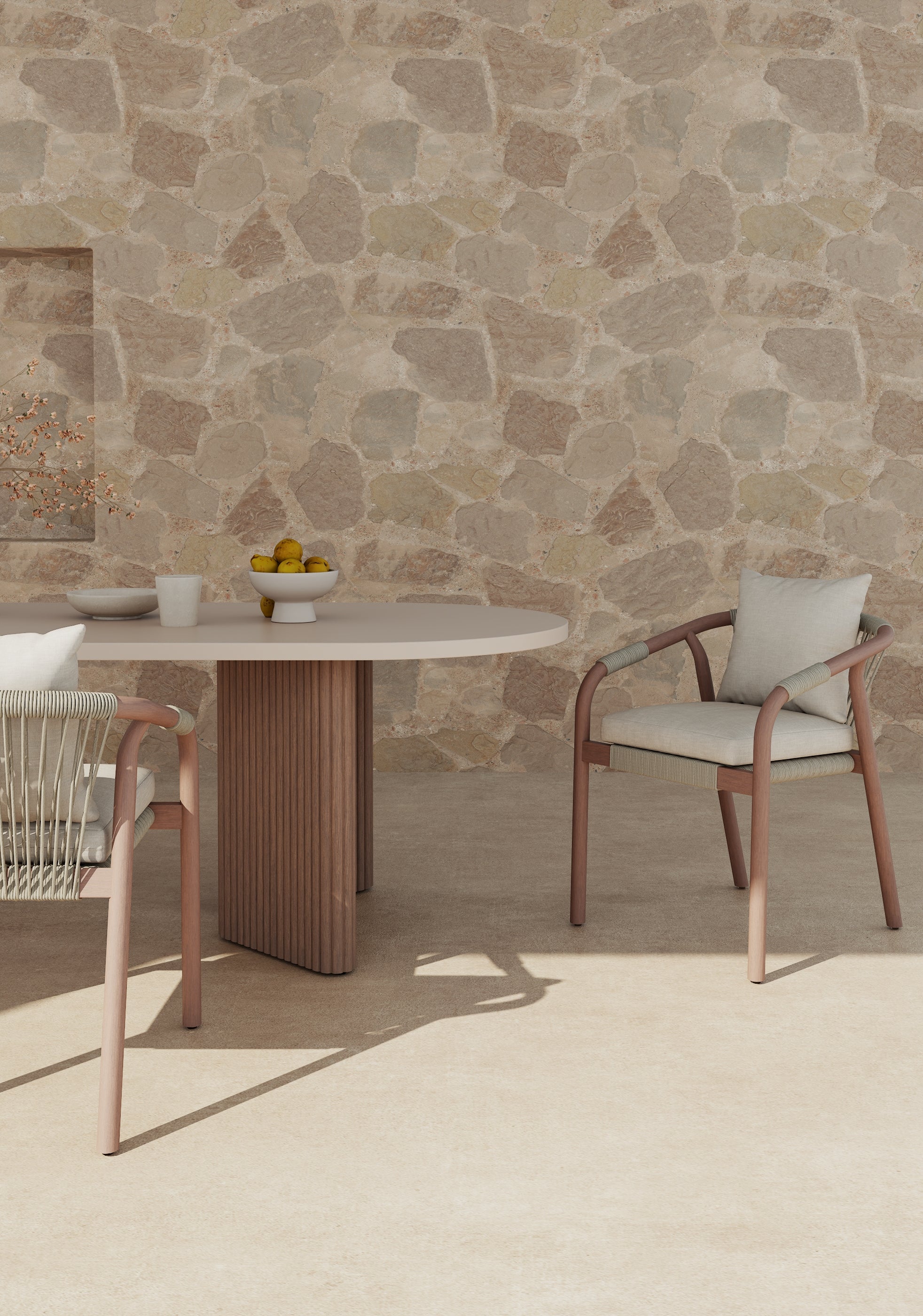 Tellus Wooden Outdoor Dining Chair with Light Beige Cushion, Rope Design, Eucalyptus