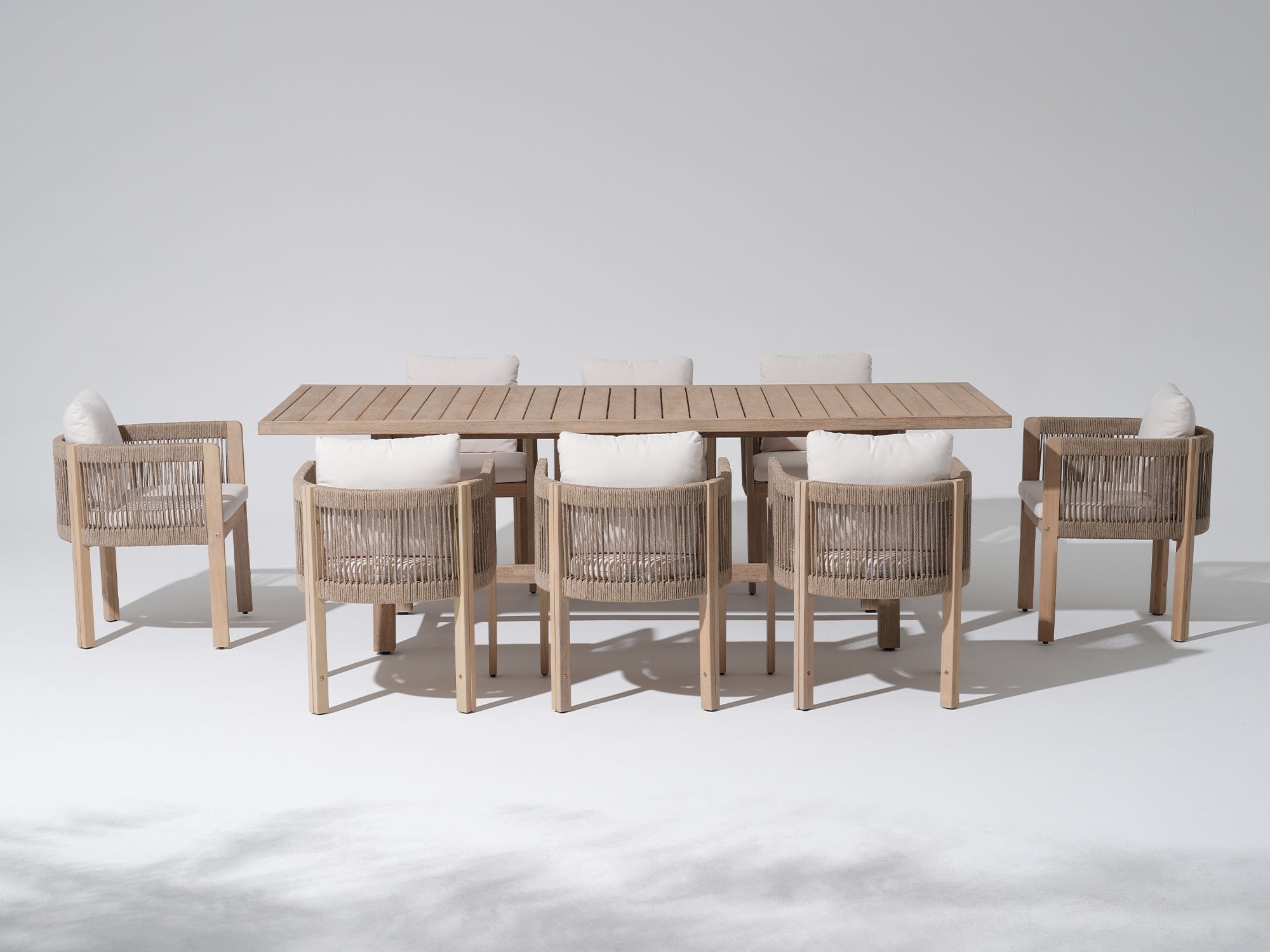 Foristern Wooden Dining Set with Rope Design, White Cushions for 8 People, 90.6''