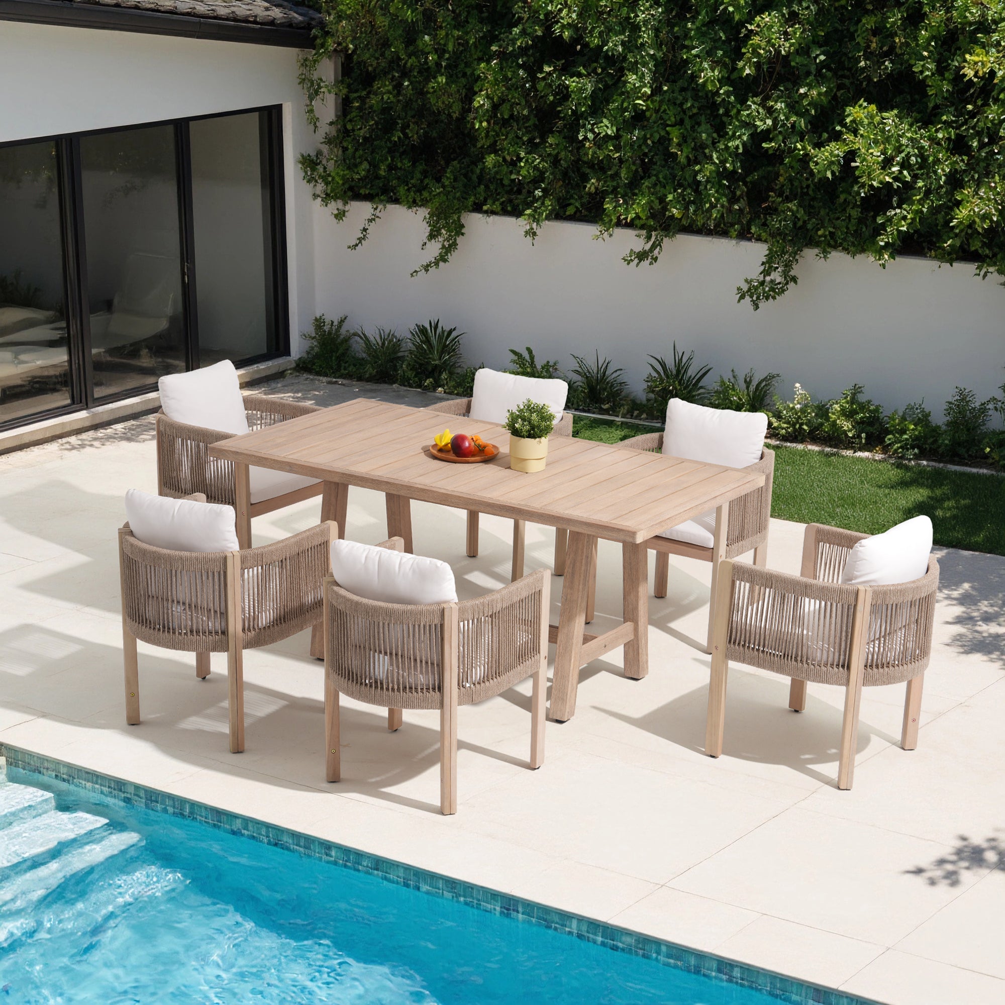 Foristern  Wooden Outdoor Dining Set with White Cushion for 6 People, 67''
