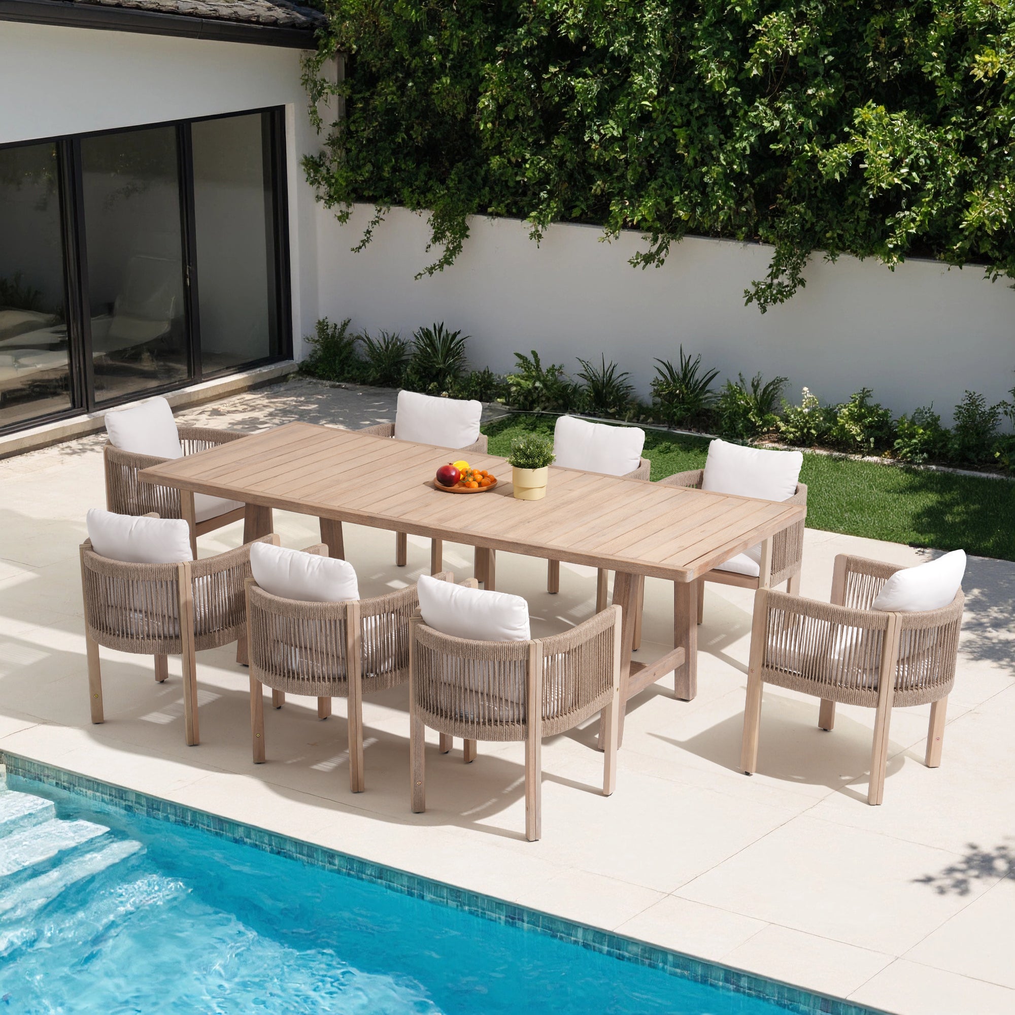 Foristern Wooden Dining Set with Rope Design, White Cushions for 8 People, 90.6''