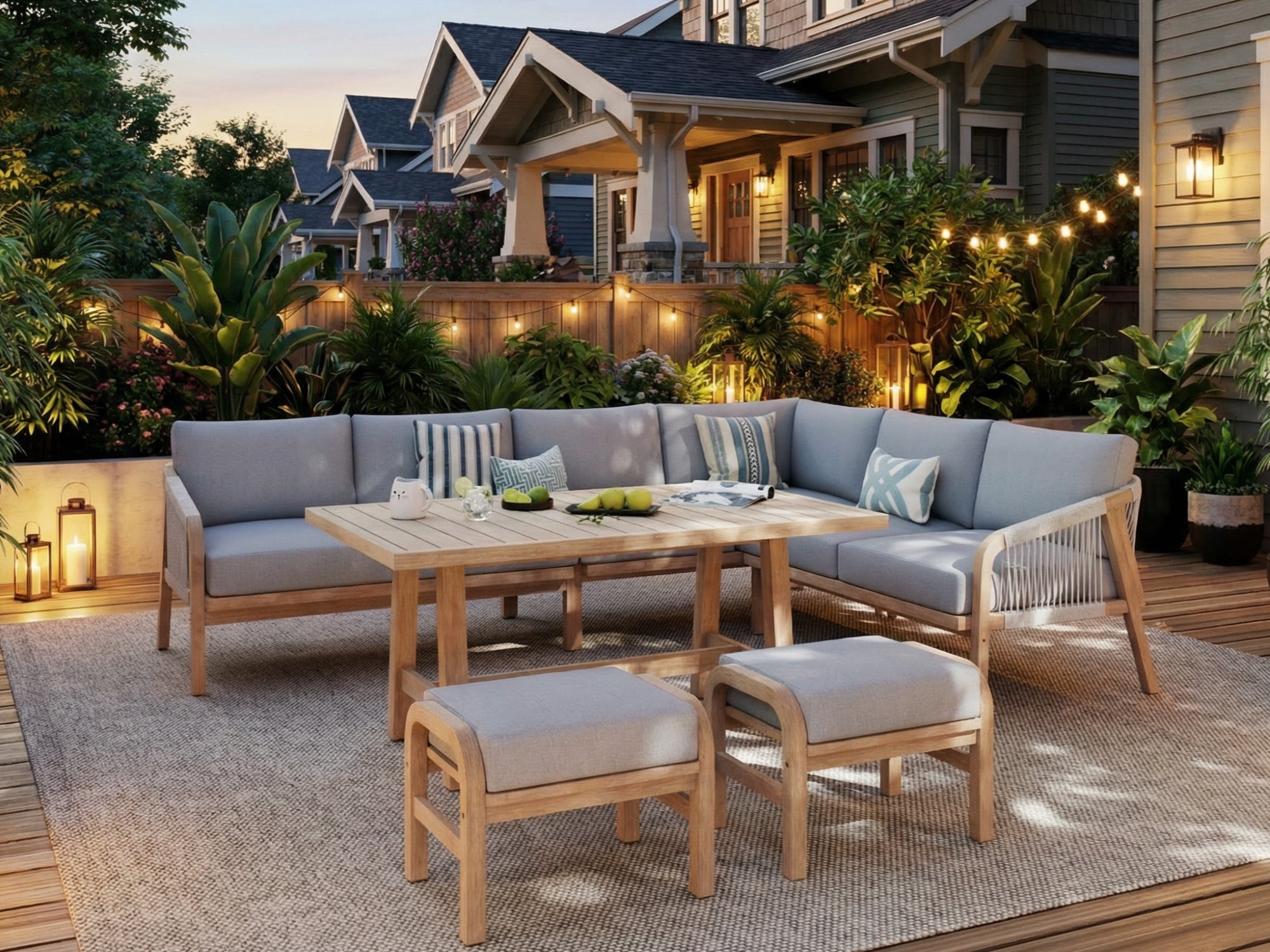 Thalea Wooden L-shaped Sectional Set with Rope Design, Ottomans & Multi-Use Table