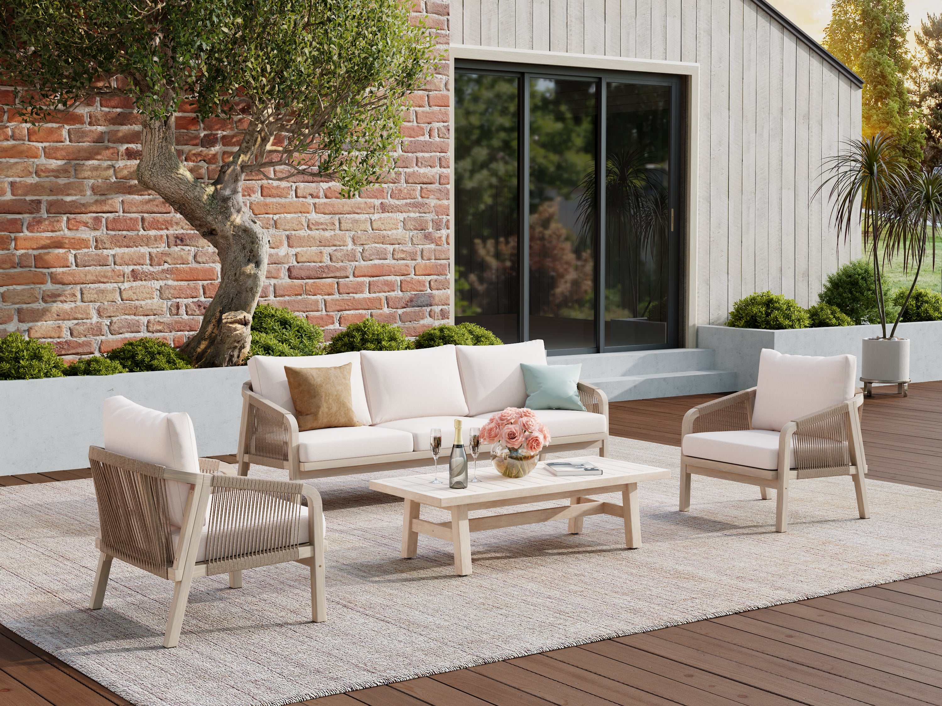 Thalea 5-Seater Smooth Wooden Outdoor Conversation Set, Rope Patio Furniture with Cream Cushions