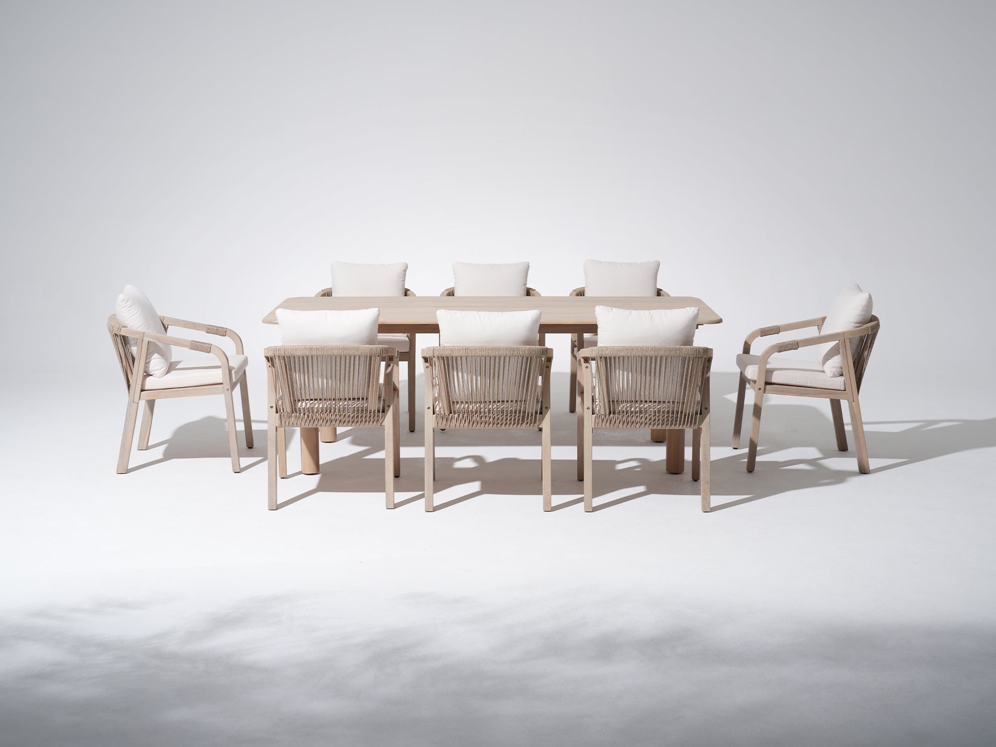 Thalea Wooden Outdoor Dining Set with White Smooth Rope Design Chairs, 8 Seats, 86.6" Slatted Table