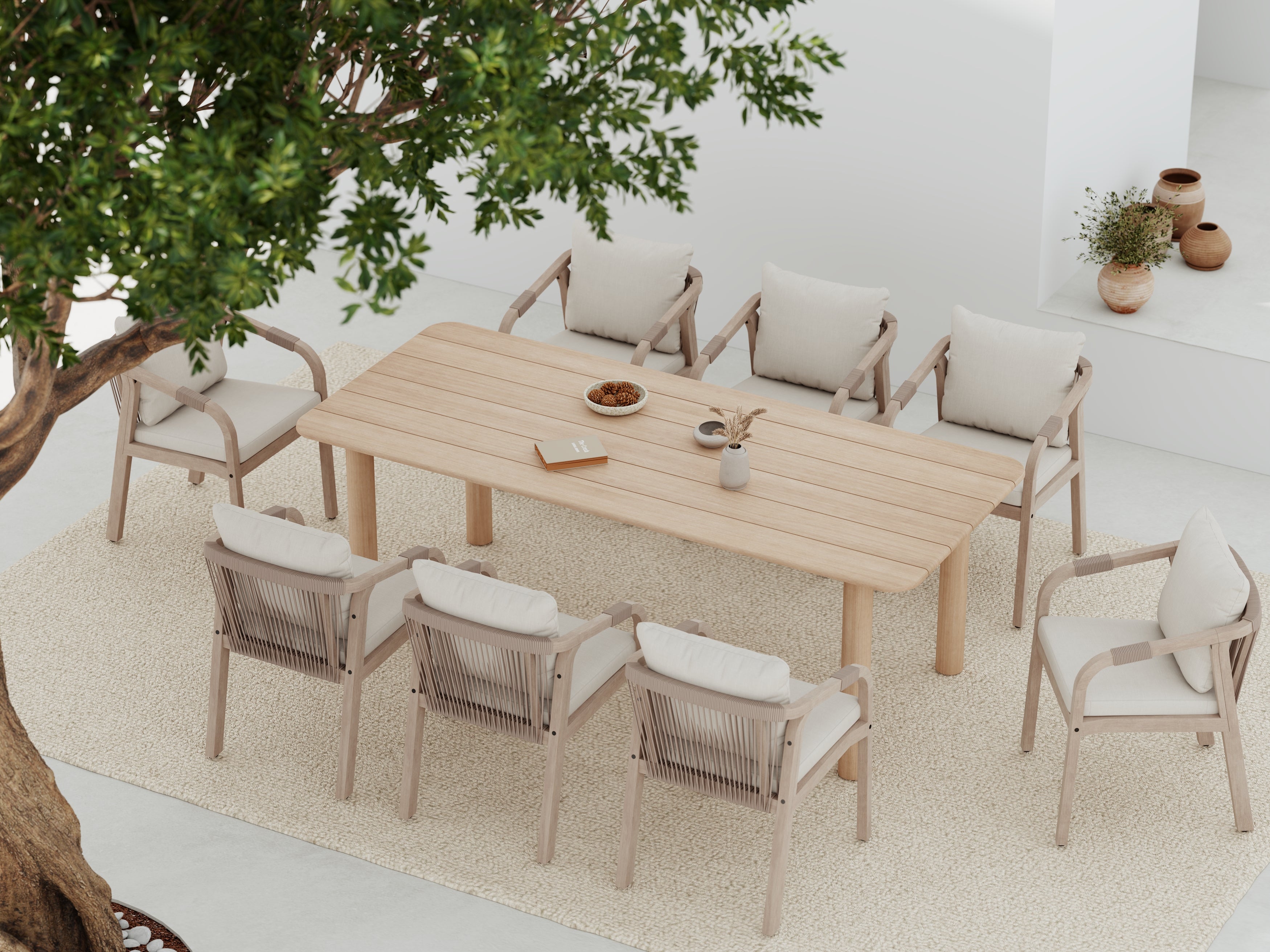 Thalea Wooden Outdoor Dining Set with White Smooth Rope Design Chairs, 8 Seats, 86.6" Slatted Table