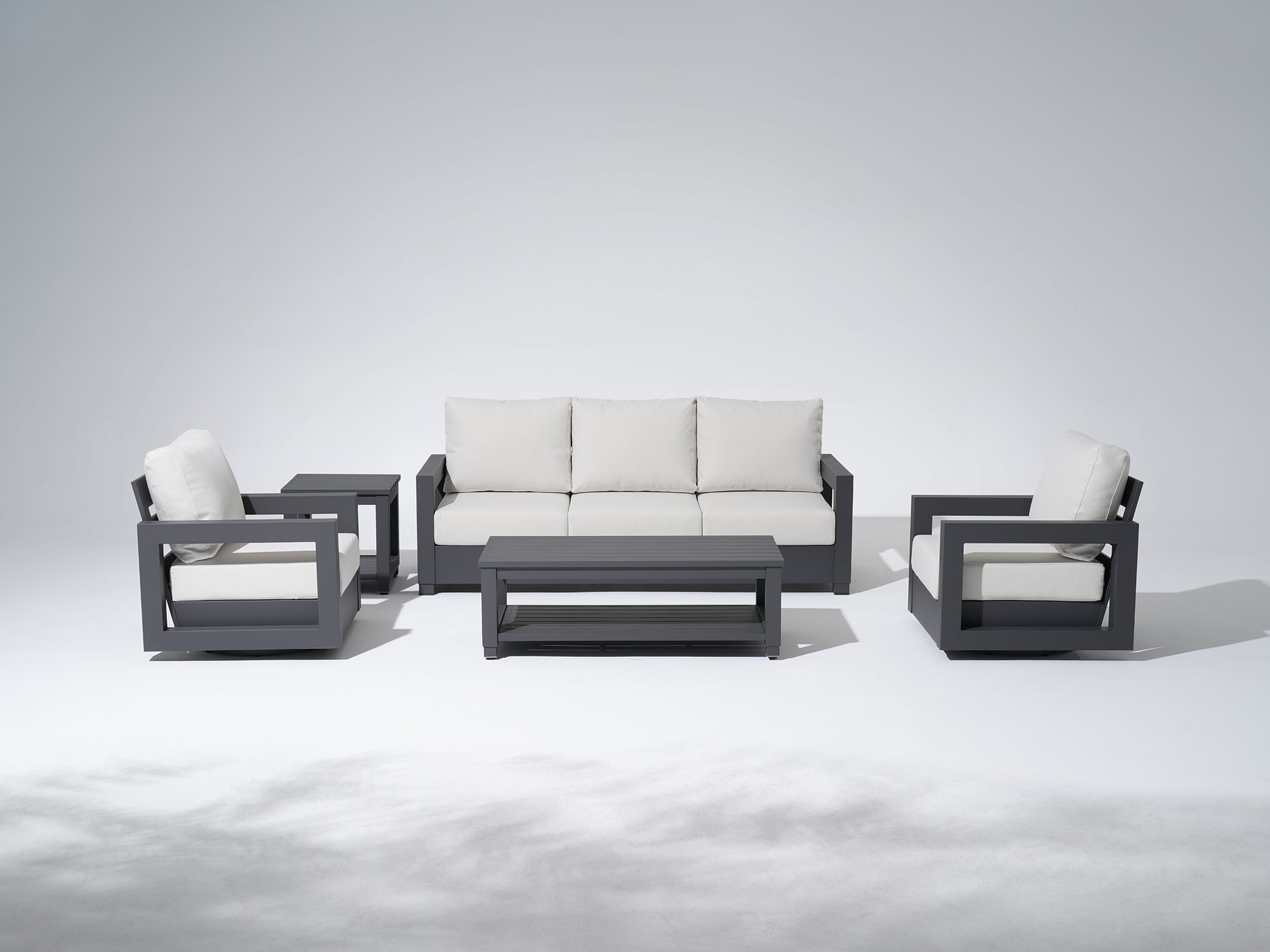Vela Aluminum Black Outdoor Sofa Set, Swivel Lounge Chair, Olefin White Cushions, Mixed Tables