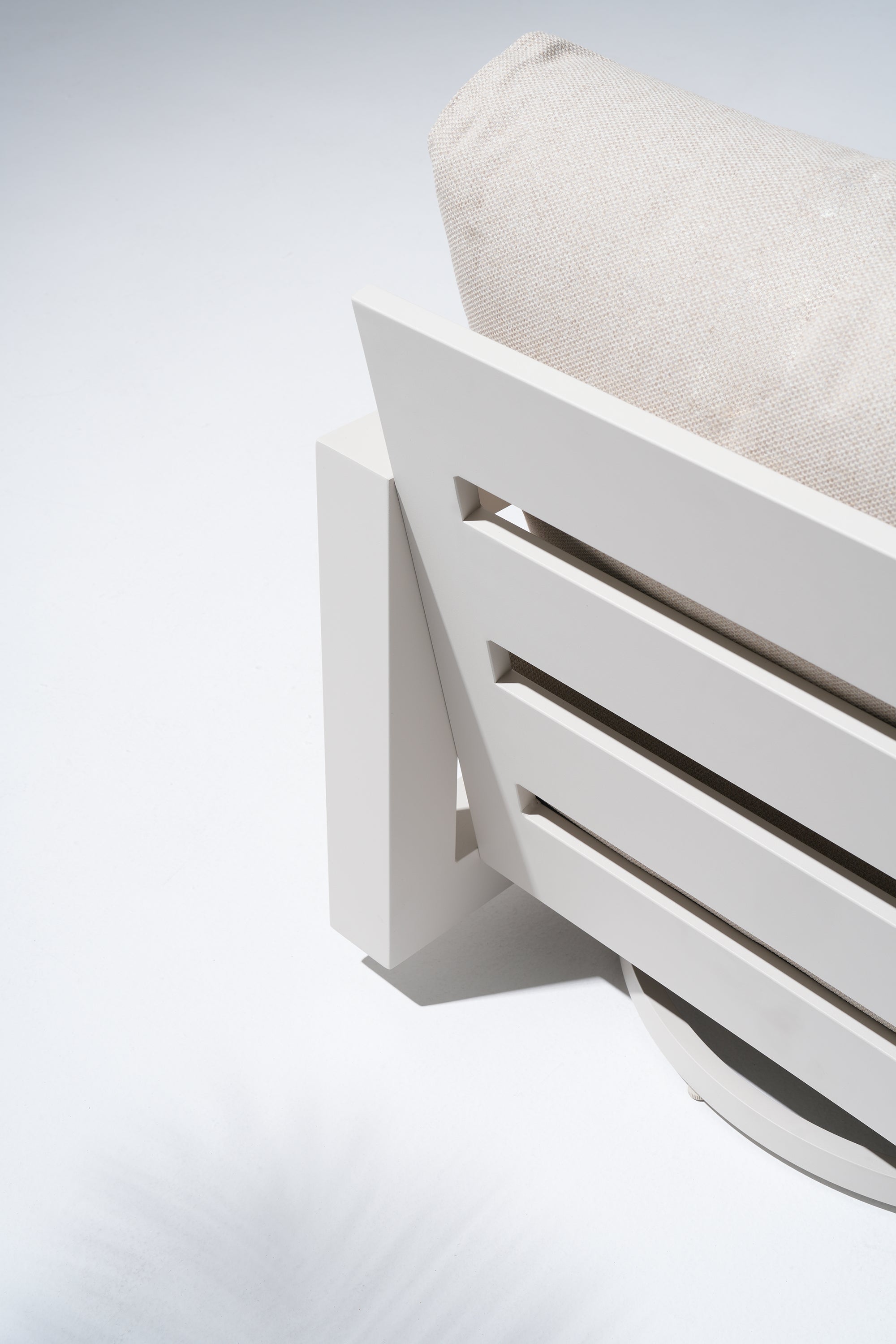 Vela Aluminum White Outdoor Sofa Set, Swivel Lounge Chair, Olefin White Cushions, Mixed Tables