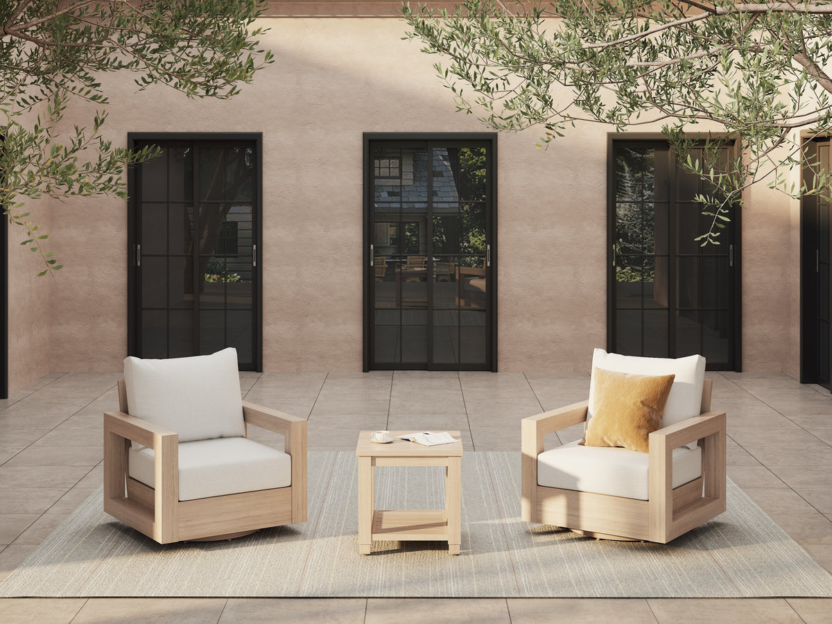 Vela 3-Piece Outdoor Swivel Chairs with Side Table, Wood-Look Aluminum Frame, Sunbrella® Cushions