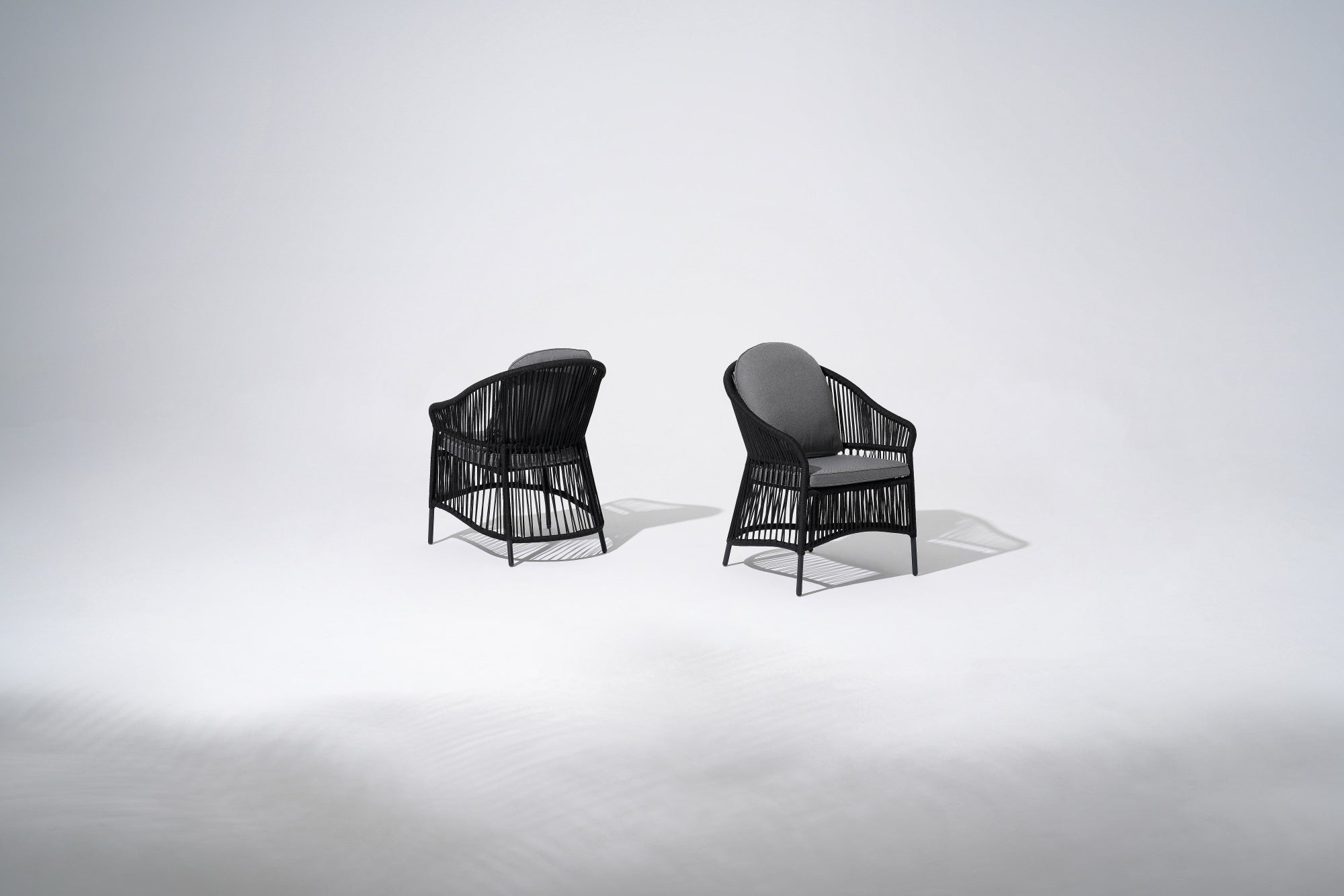 Outdoor Dining Arm Chair with black rope design and gray cushions - Jardina Premium Modern Outdoor Patio Dining Furniture