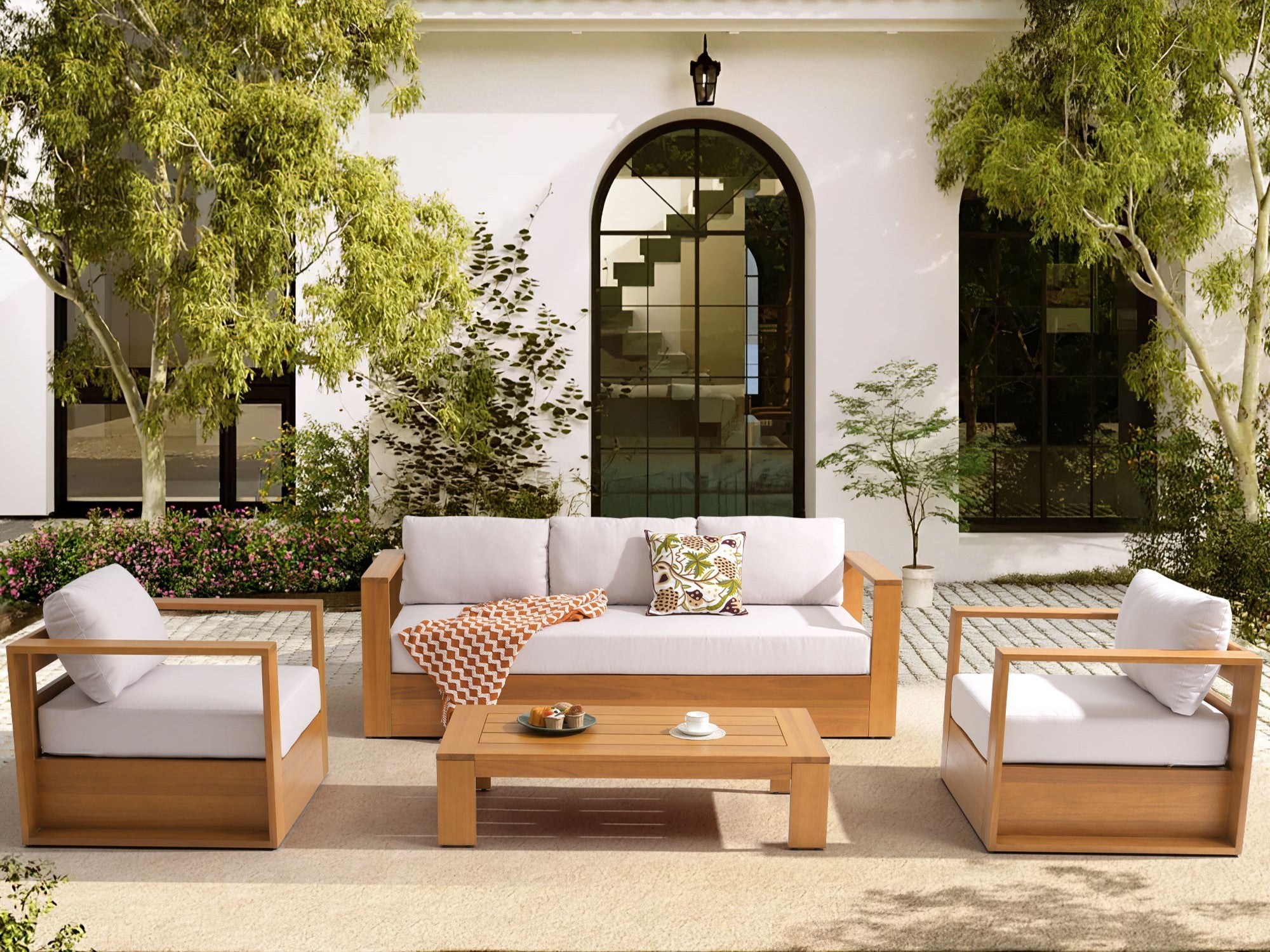 Foristern 4-Piece eucalyptus Wooden Outdoor sofa seating Set,  White Olefin Cushions - Jardina Modern Outdoor Furniture