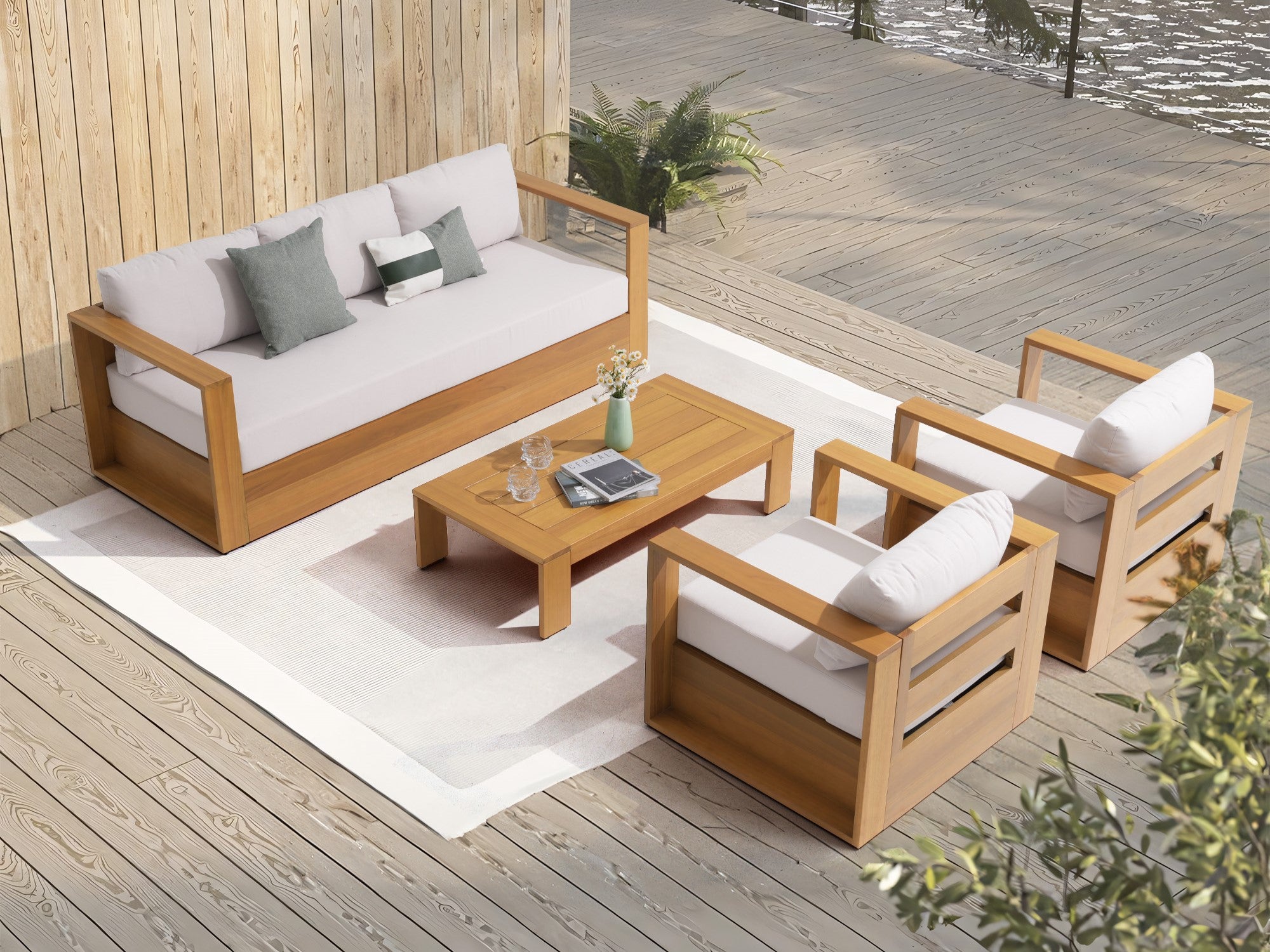 Foristern 4-Piece eucalyptus Wooden Outdoor Sofa Set,  a 3-seater sofa, two single sofa, a coffee table, White Olefin Cushions - Jardina Modern Outdoor Furniture