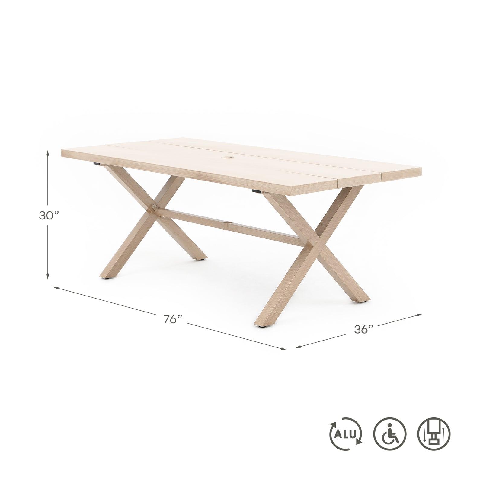 Salina Natural Aluminum Rectangular Dining Table for 8 with Umbrella Hole, X-Shaped Leg Design, dimension- Jardina Furniture#color_Natural