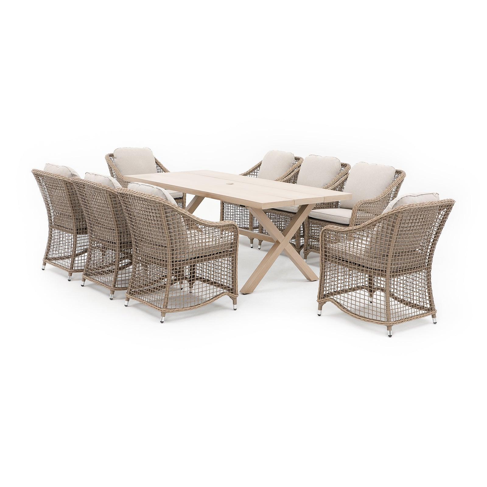 Irati Modern Wicker Outdoor Furniture, 9 piece aluminum frame outdoor dining set with umbrella hole -Jardina Furniture