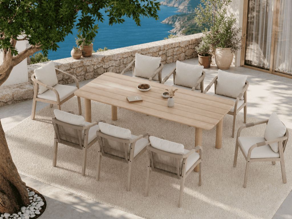 Thalea Wooden Outdoor Dining Set with White Smooth Rope Design Chairs, 8 Seats, 86.6" Slatted Table