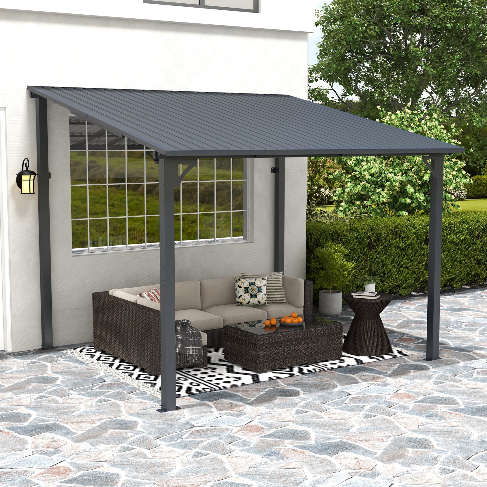 Wall-Mounted Hardtop Gazebo with Metal Awning & Drainage-Multiple Sizes (Dark Grey)