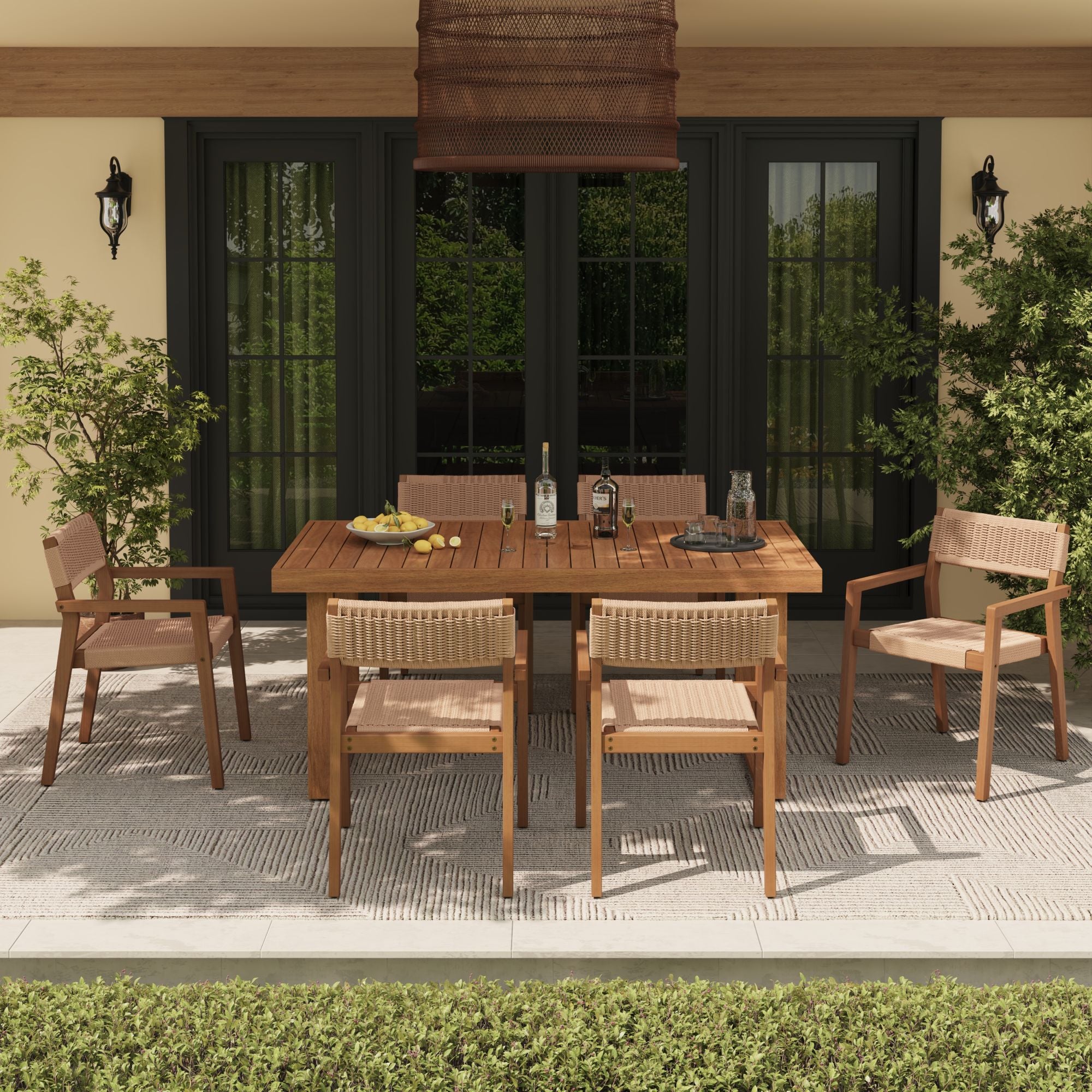 Nalia Outdoor Wood Dining Set with Ratten Arm Chairs for 6, Umbrella Hole Design, 67" Sled-Leg