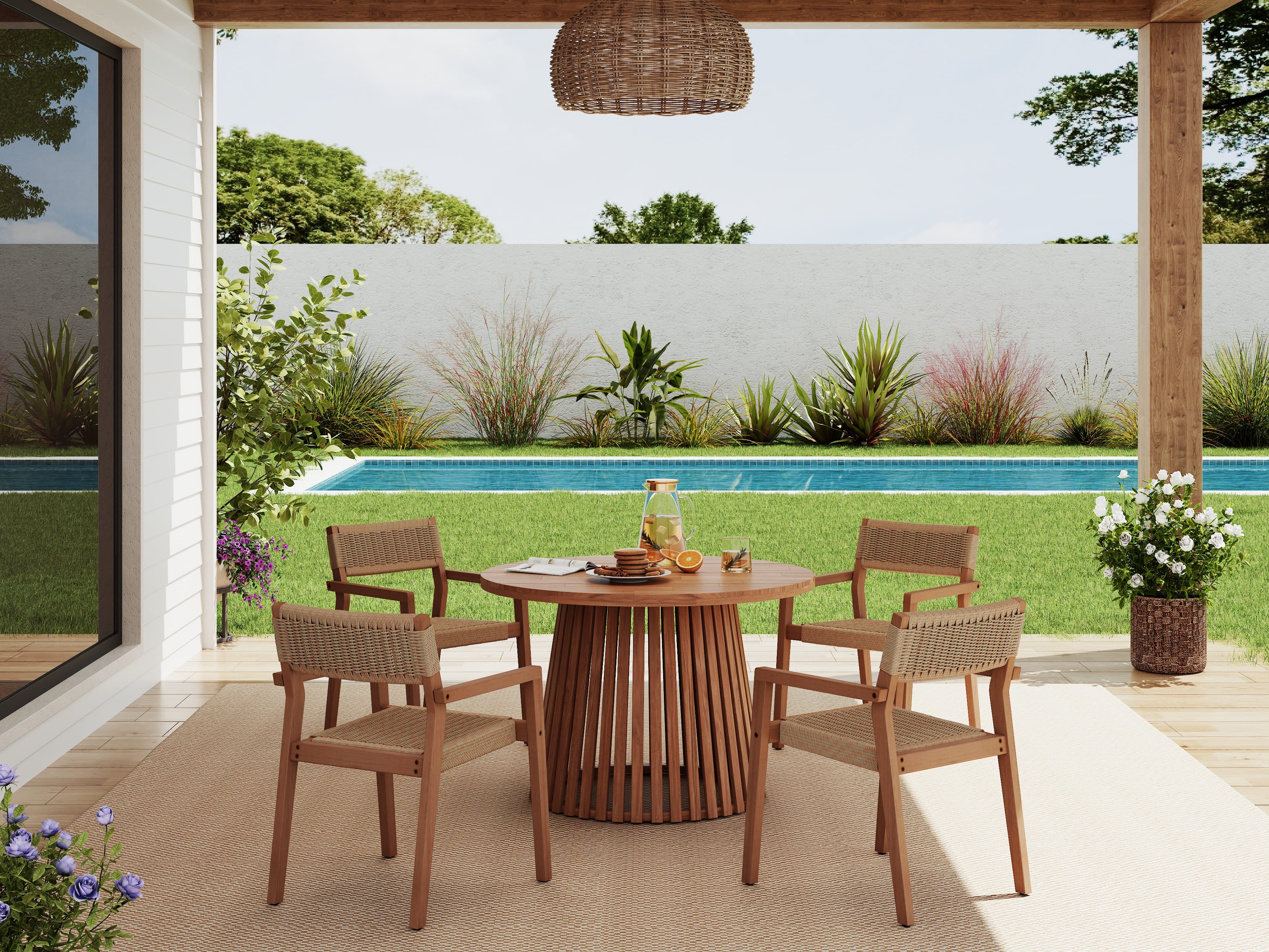 Cove Outdoor Wood Dining Set with Rattan Armchairs, Round Table Patio Set for 4-6, 43.3"