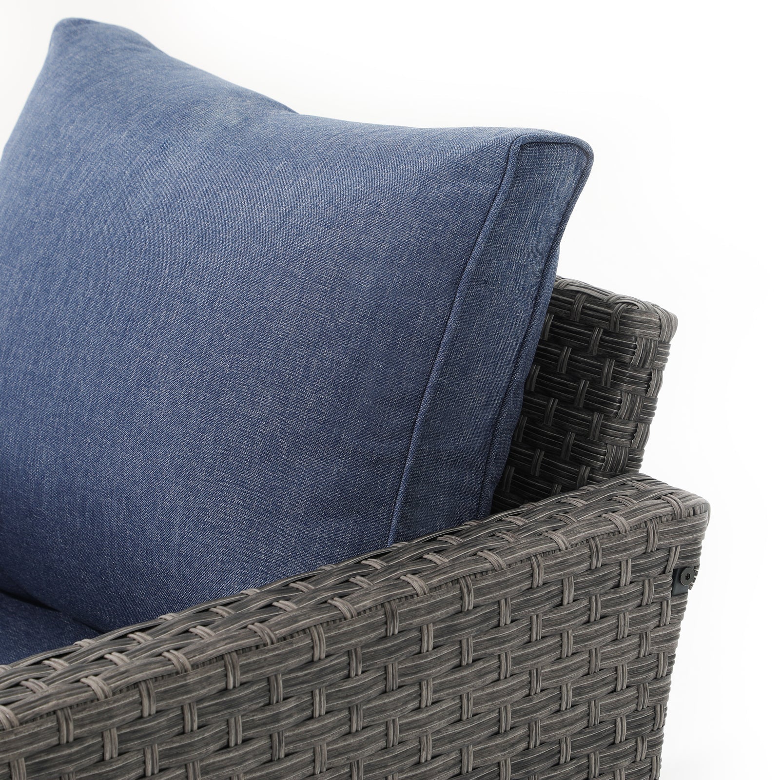 Ayia ourdoor sofa, grey rattan, navy blue cushion,  soft cushion and smooth rattan armrest - Jardina Furniture #color_Navy blue