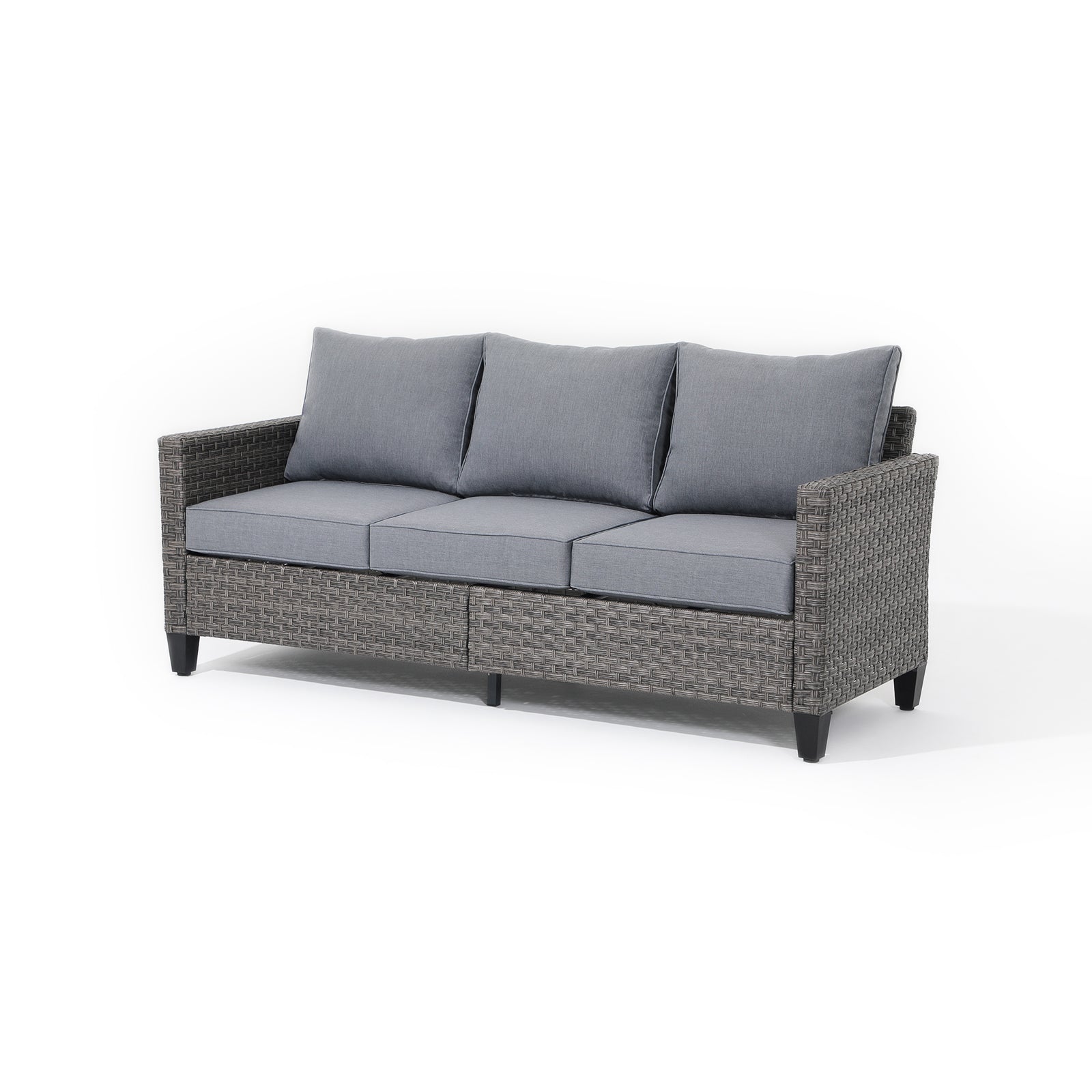 Ayia modern outdoor sofa with rattan design, grey cushions, three seats, side view- Jardina Furniture #color_Grey