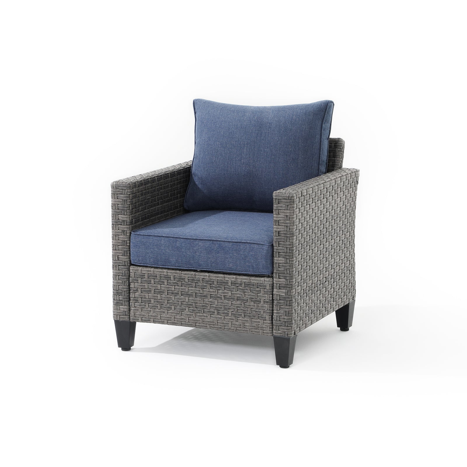 Ayia lounge chair with rattan design, navy blue cushions, left angle - Jardina Furniture #color_Navy blue
