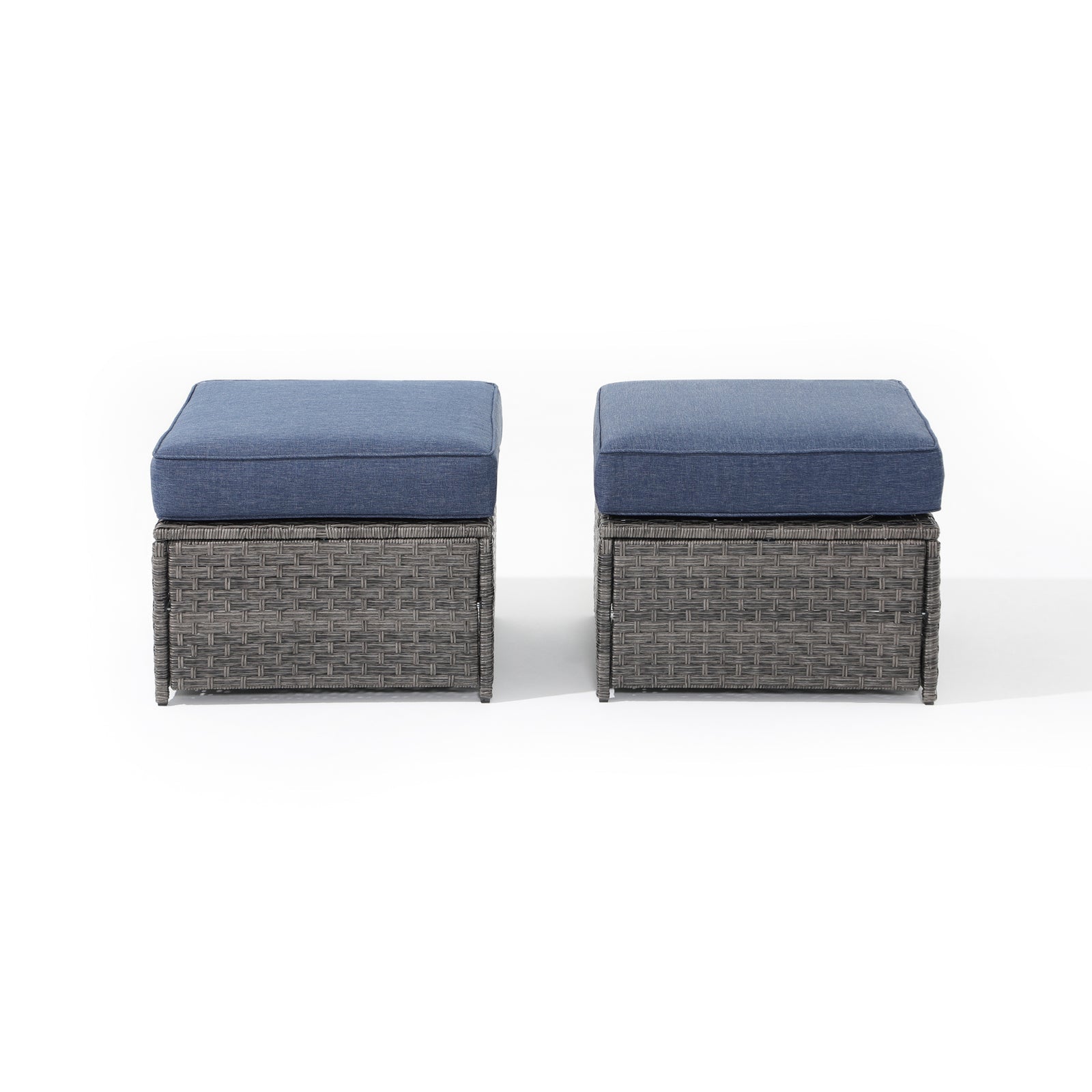 Ayia Modern HDPE Wicker Outdoor Furniture, 2-Piece grey wicker Ottomans and blue cushions, front - Jardina Furniture #color_Navy blue